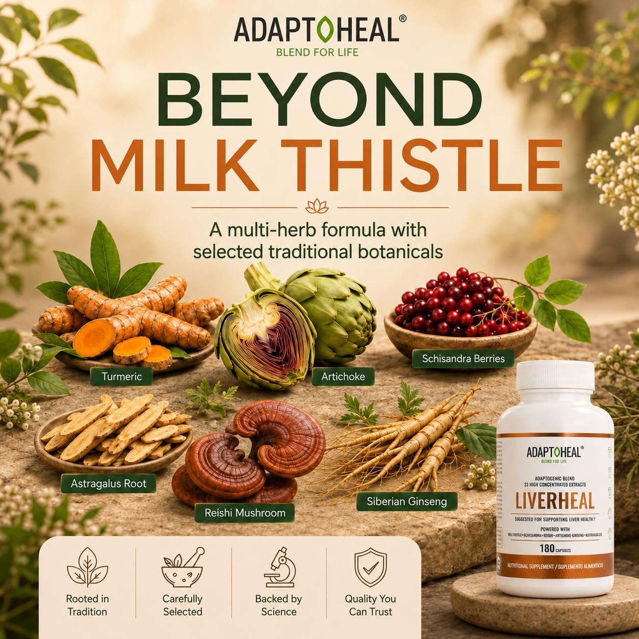 ADAPTOHEAL Milk Thistle, Turmeric and Astragalus Complex – Liverheal Herbal Liver Cleanse and Detox Formula with Artichoke and Schisandra Extracts – High-Potency Plant Blend 180 Capsules
