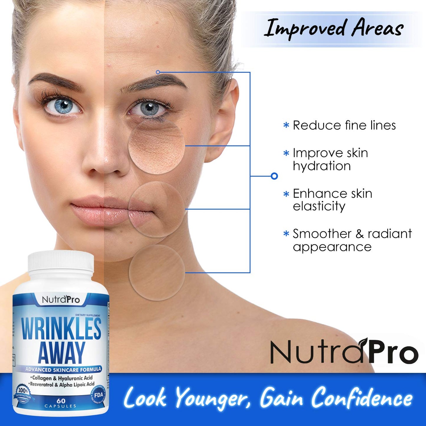 NutraPro Anti Wrinkle and Ageless Skin Vitamins - Dermal Repair Complex with Collagen & Resveratrol, Alpha-Lipoic Acid & Hyaluronic Acid Capsules 60 Count