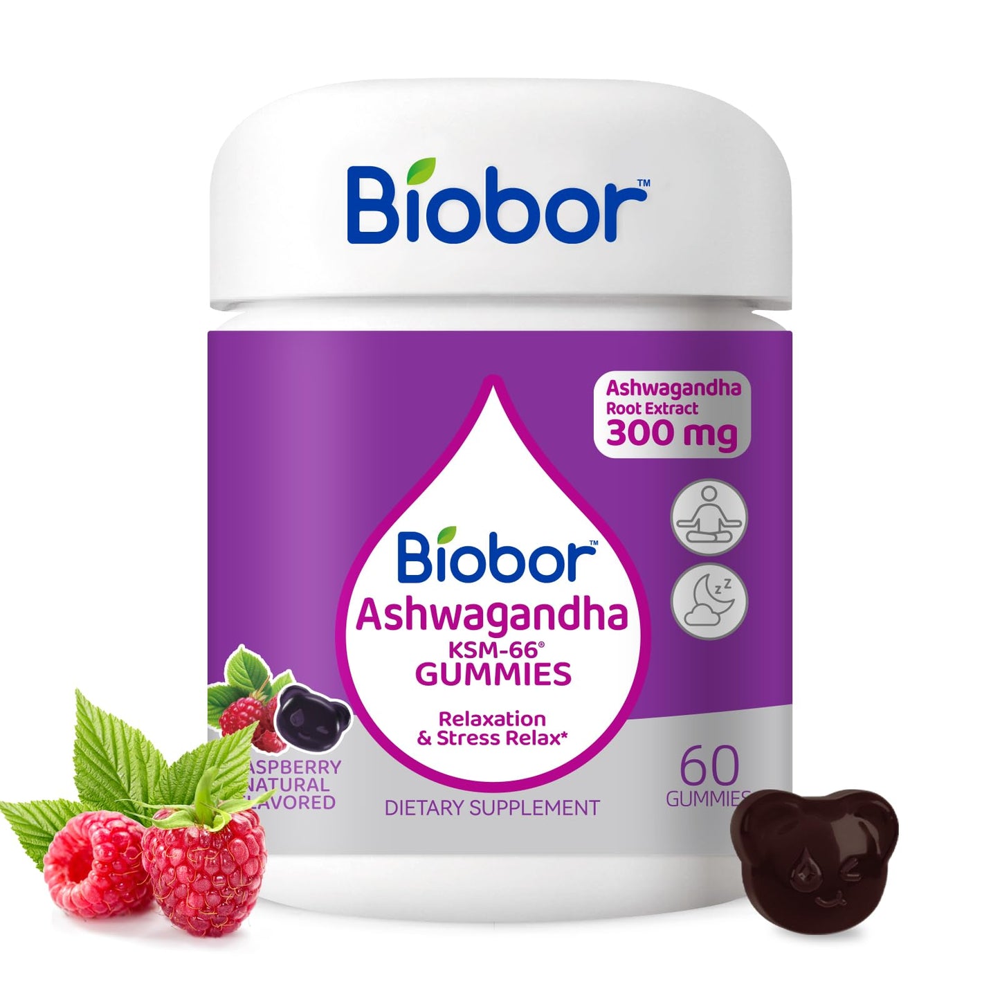 Biobor Ashwagandha Gummies KSM-66 Ashwagandha Root Extract with Vitamin D3, Relaxation & Immune Support, GMO Free, Gluten Free, 60 Gummies
