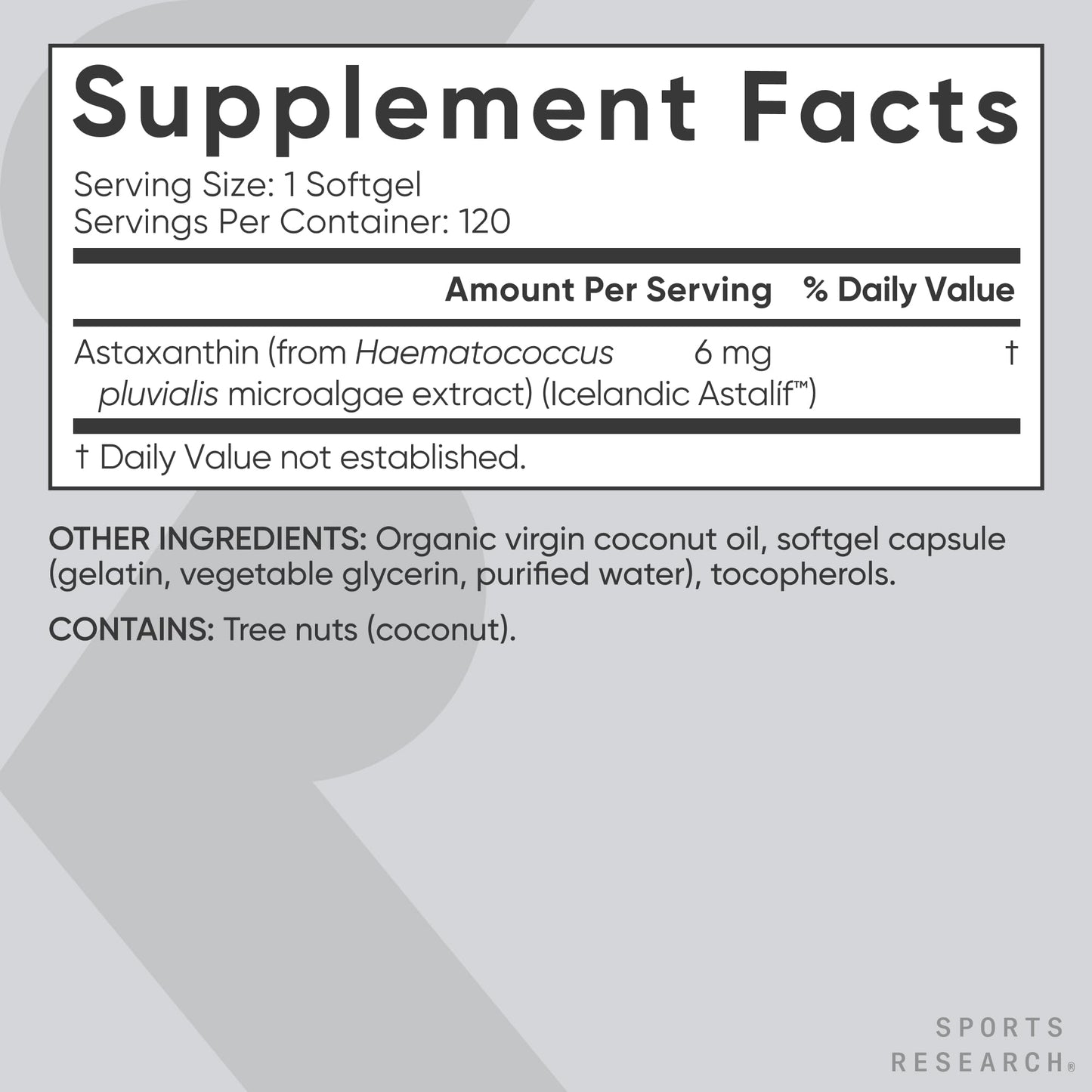 Sports Research Icelandic Astaxanthin 6mg with Coconut Oil Softgels 120 Count
