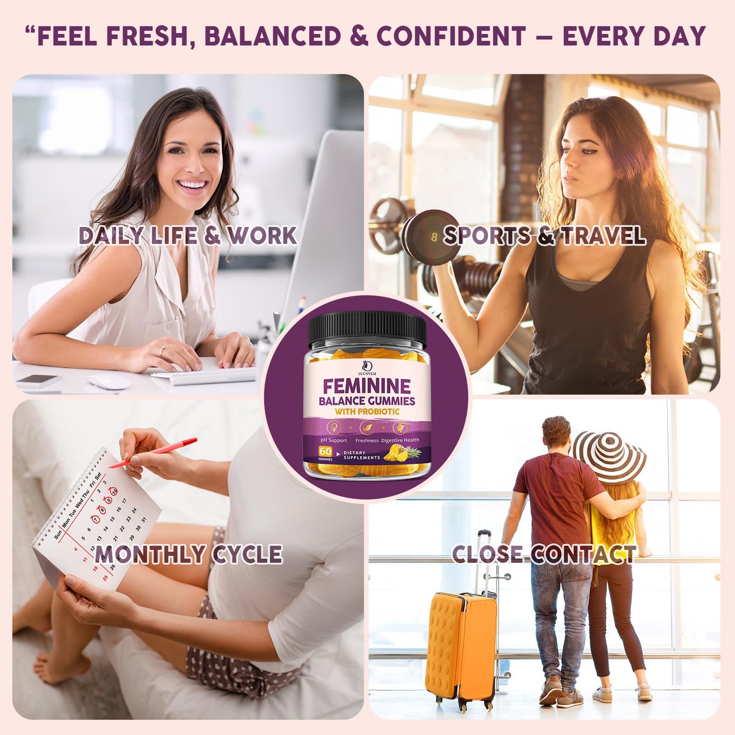LUCNVEM Feminine Balance Probiotic Gummies, 60 Count
