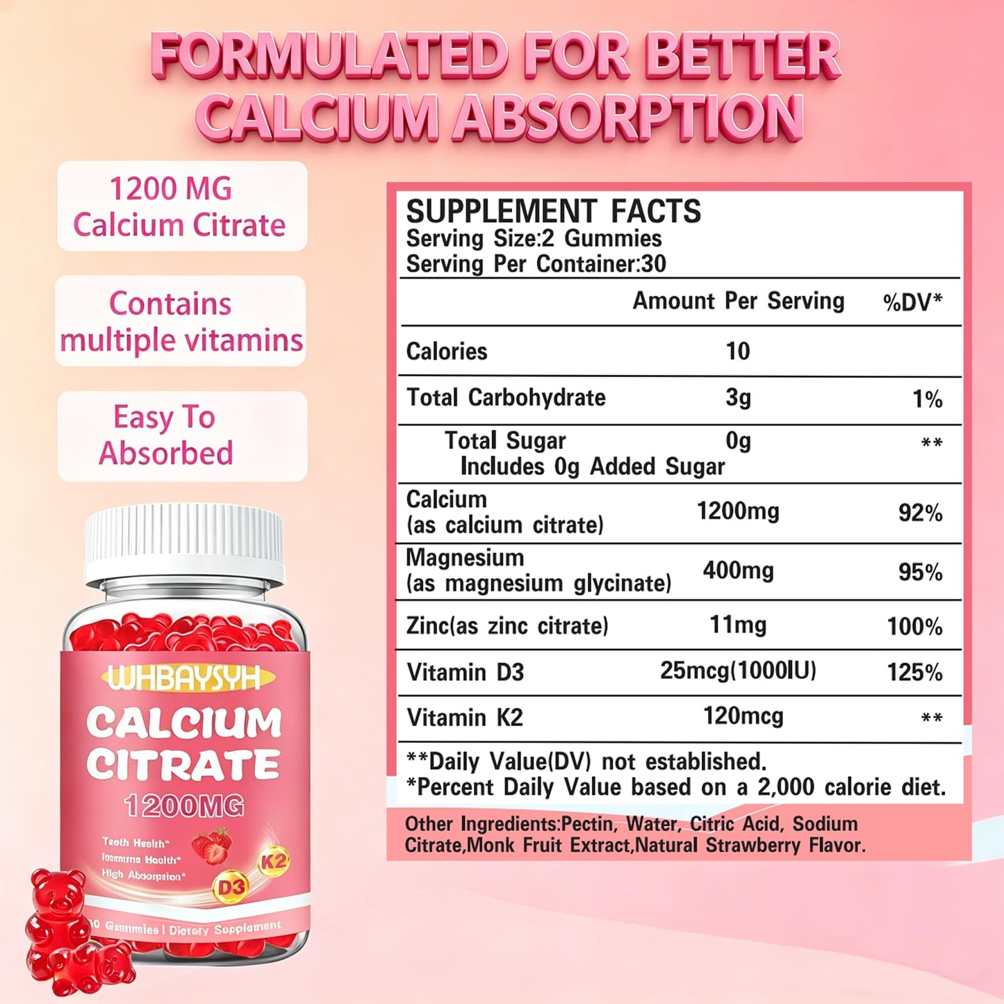 WHBAYSYH Calcium Citrate Gummies Gummy 60 Count