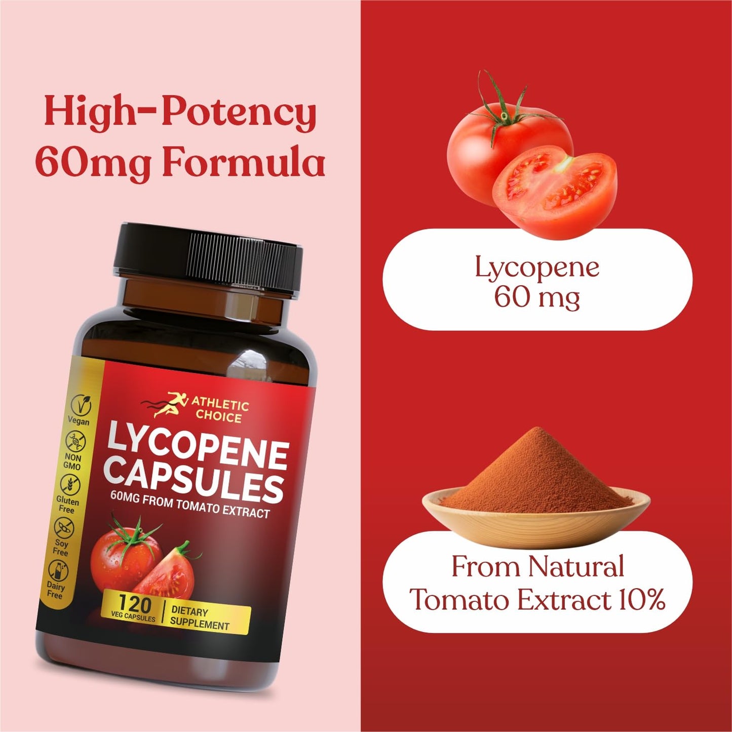 Athletic Choice Lycopene Supplement Capsule, 60mg, Natural Tomato Extract Powder, 120 Capsules
