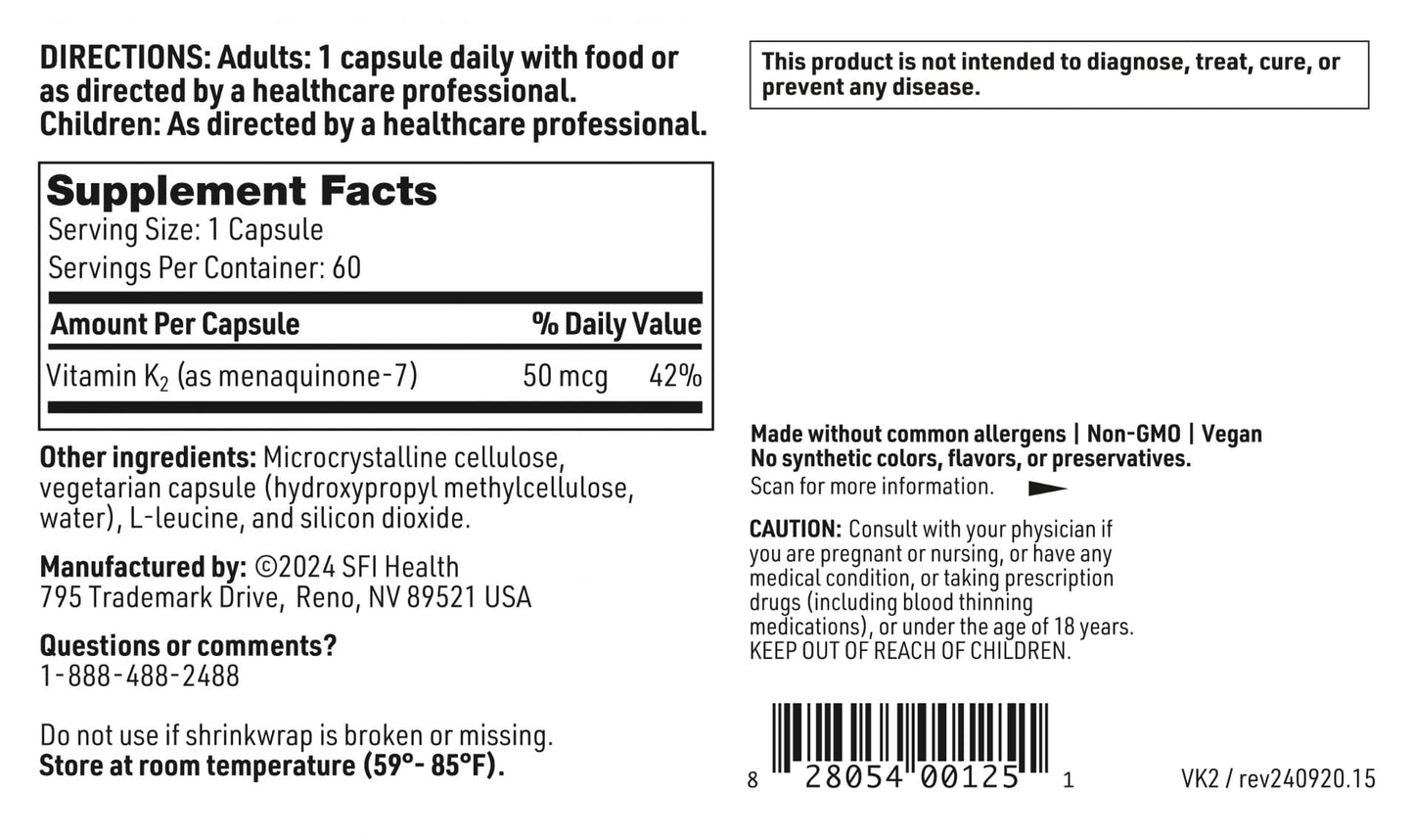 SFI Health Vitamin K2-50 Micrograms as Menaquinone-7 MK-7, Capsule, 60 Count
