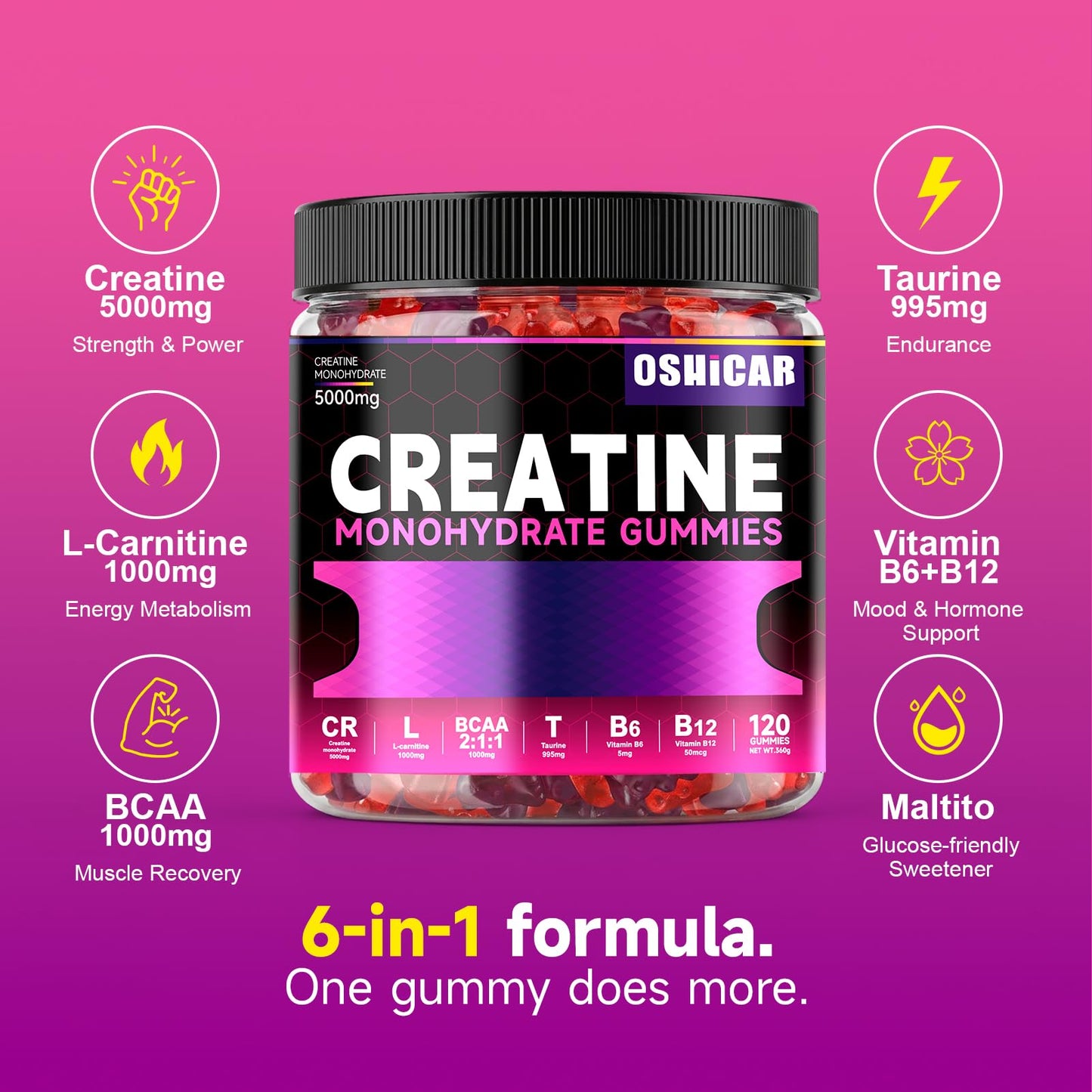 OSHICAR Creatine Gummies, 120 Count