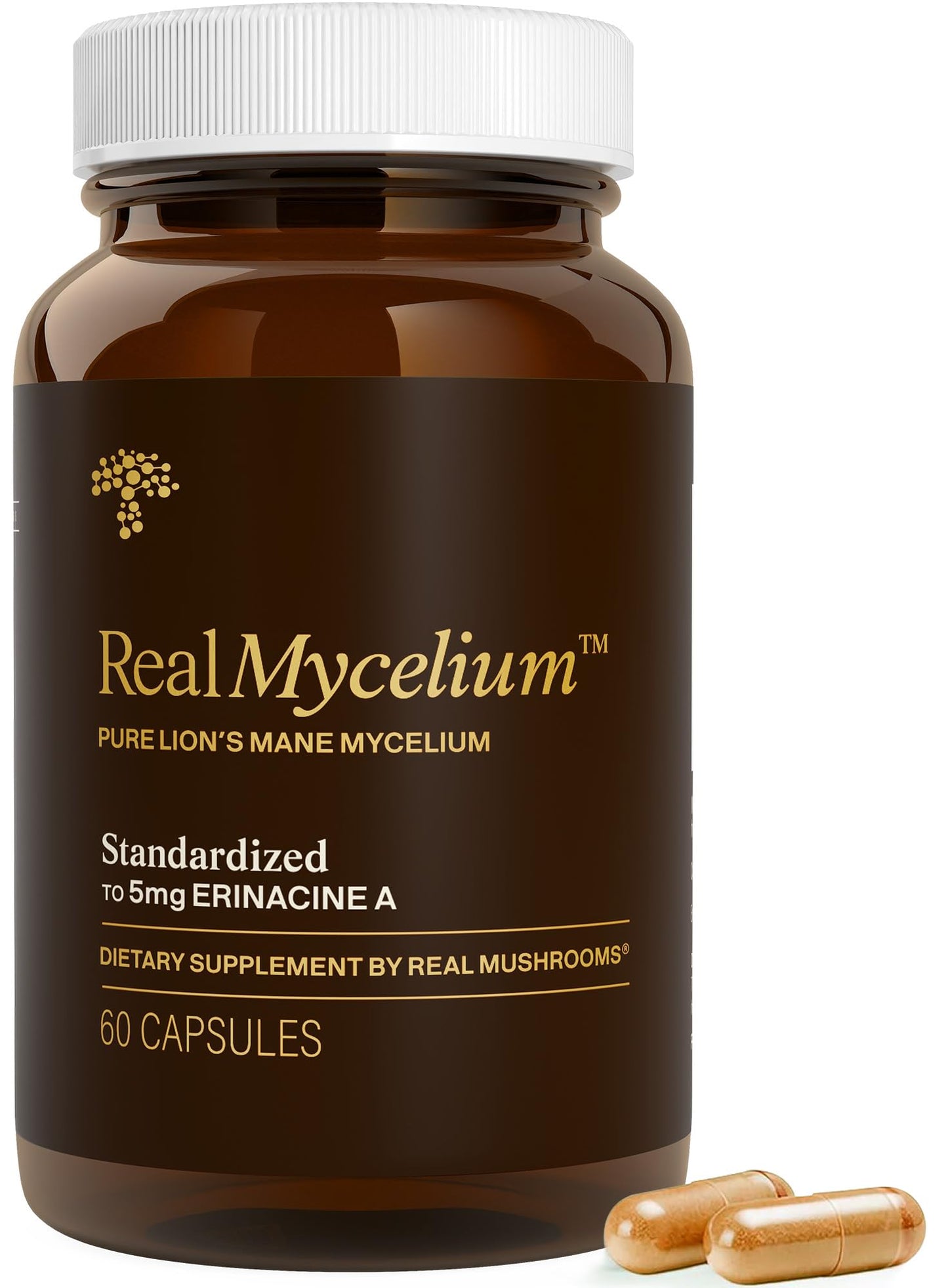 Real Mushrooms Real Mycelium Lion’s Mane Mycelium Capsules with 5mg Erinacine A (ErinaPrime) – Focus, Memory & Mental Clarity – 60 Capsules