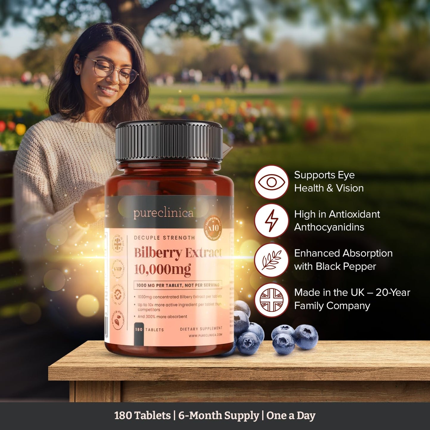 pureclinica Bilberry Extract 1000mg (10:1) with Black Pepper Extract, 180 Tablets