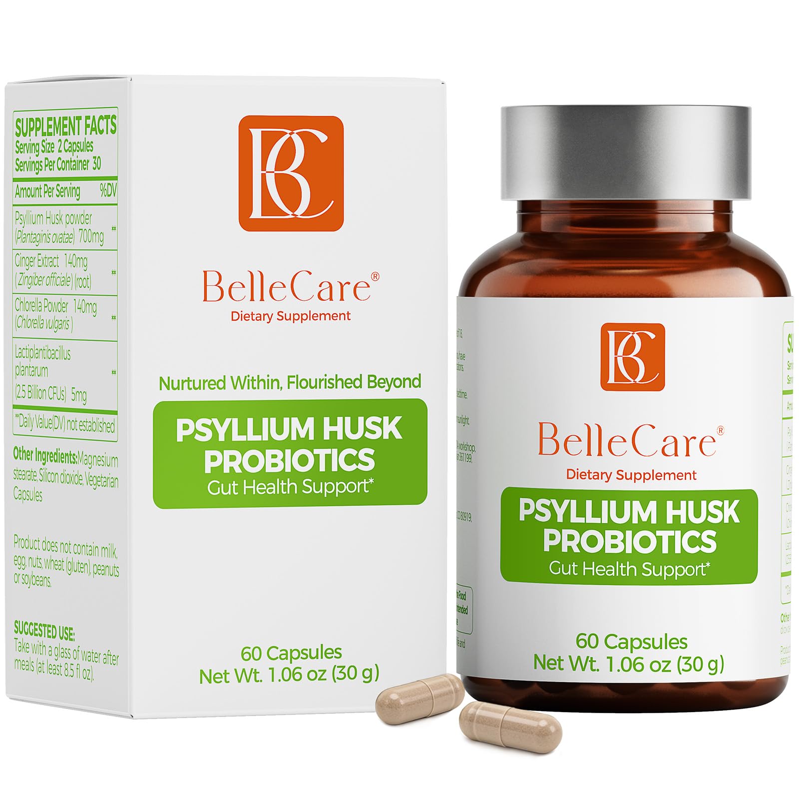 BELLECARE Psyllium Husk 700mg Per Serving Capsules with Probiotic, 60 Capsules