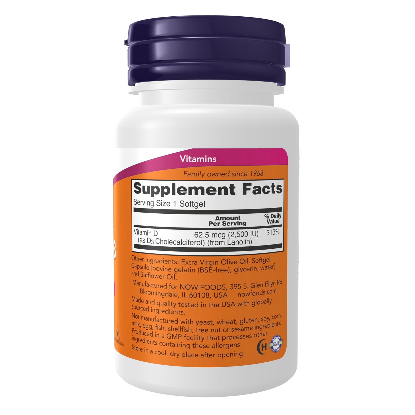 NOW Foods Vitamin D3 2,500 IU Softgels, 180