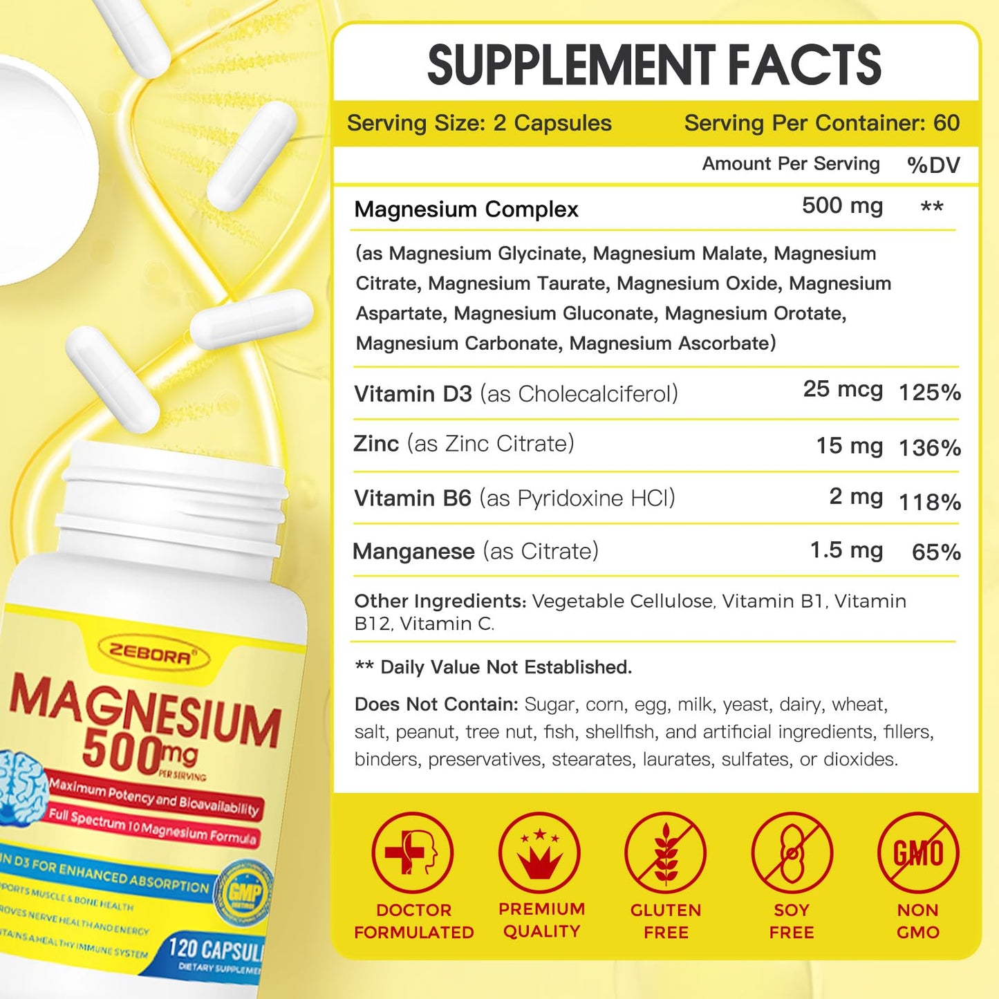 ZEBORA 10-in-1 Magnesium Complex Supplement, Magnesium Glycinate 500mg with Citrate & Malate, Chelated High Absorption Plus Vitamin D3 & Zinc, 120 Capsules