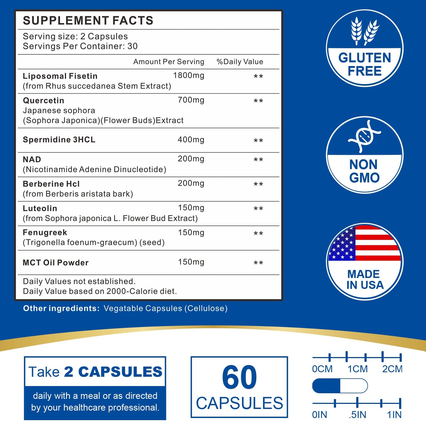 VITACRLLYNMN 1800mg Fisetin Supplement with Advanced Liposomal Delivery, 98% Pure Fisetin Antioxidant for Healthy Aging, Non-GMO, 120 Capsules