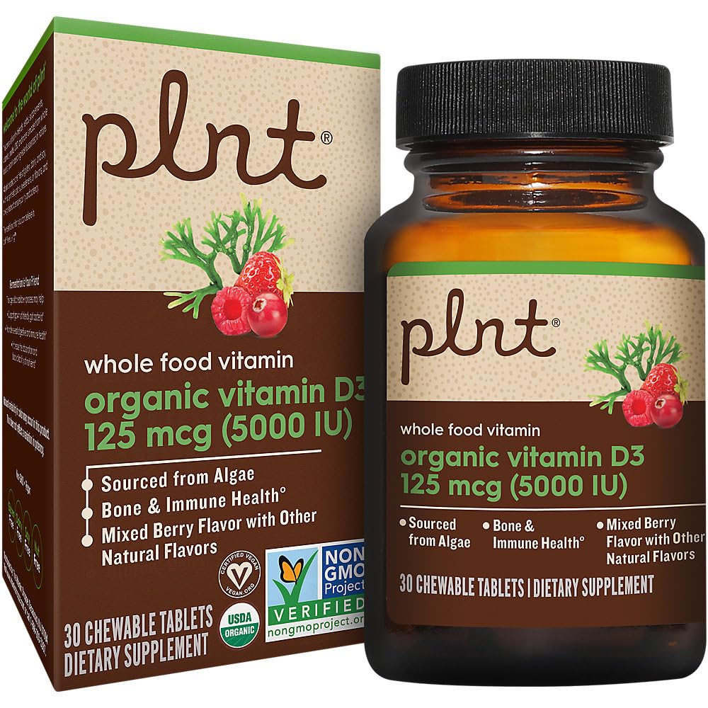 plnt Organic Vitamin D3 125 mcg (5,000 IU) Whole Food Vitamin A Mixed Berry Chewable Tablets, 30