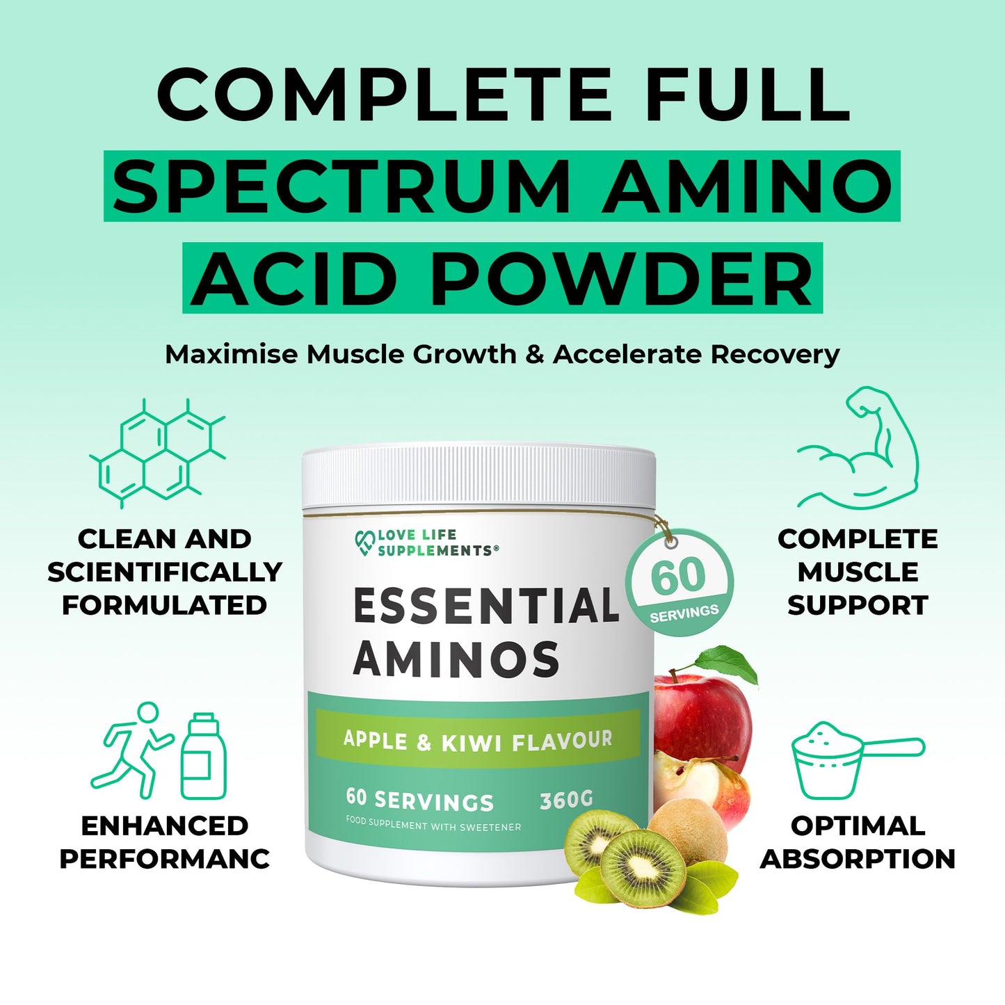 Love Life Supplements Essential Amino Acids Powder, Full Spectrum EAA & BCAA Drink for Muscle Recovery, Apple & Kiwi Flavour, UK Made, 12.28 Ounce