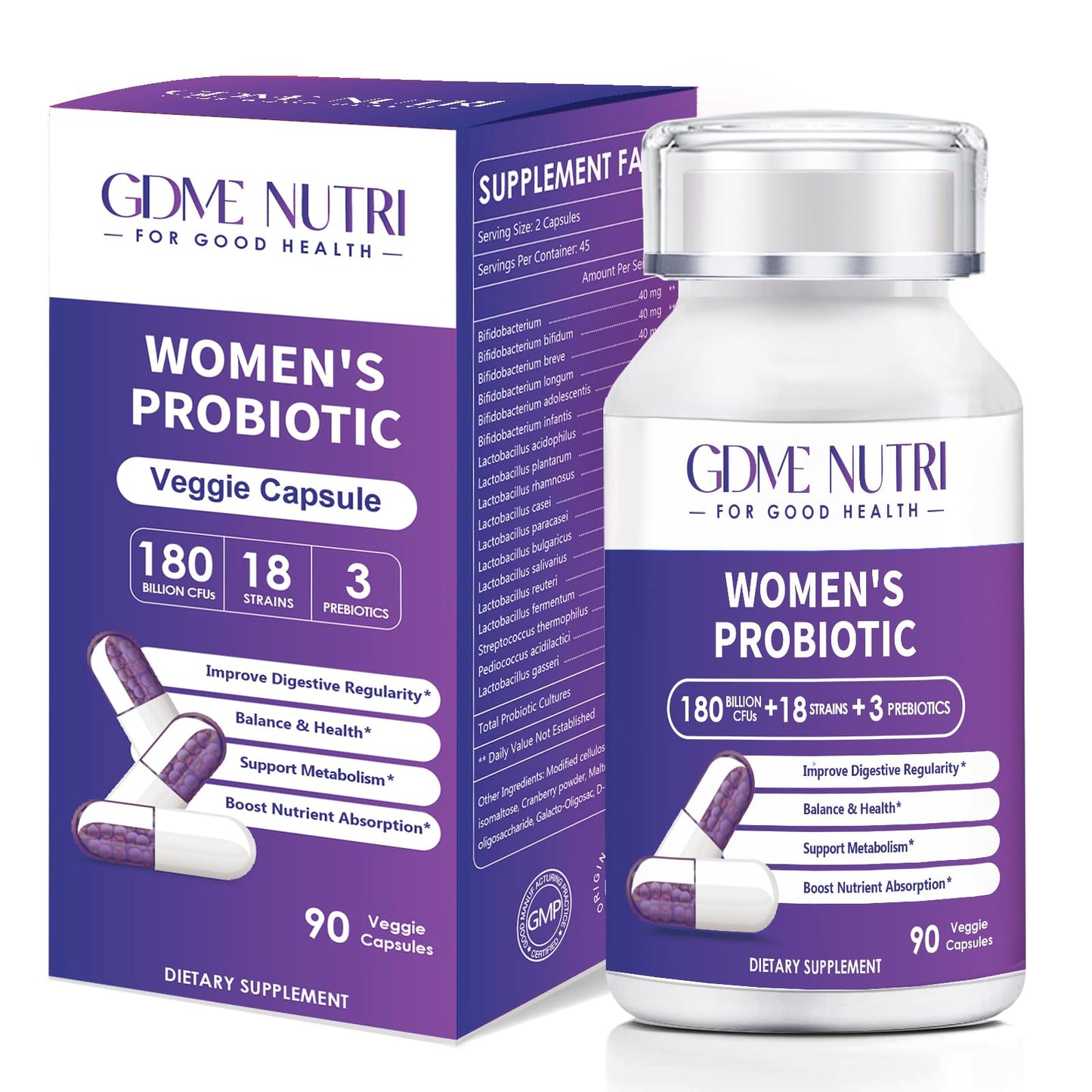 GDMENUTRI Probiotics 180 Billion CFU 18 Strains with Organic Prebiotic Cranberry Probiotic Supplement for Digestion and Immunity, Women's Health Capsules 90 Count
