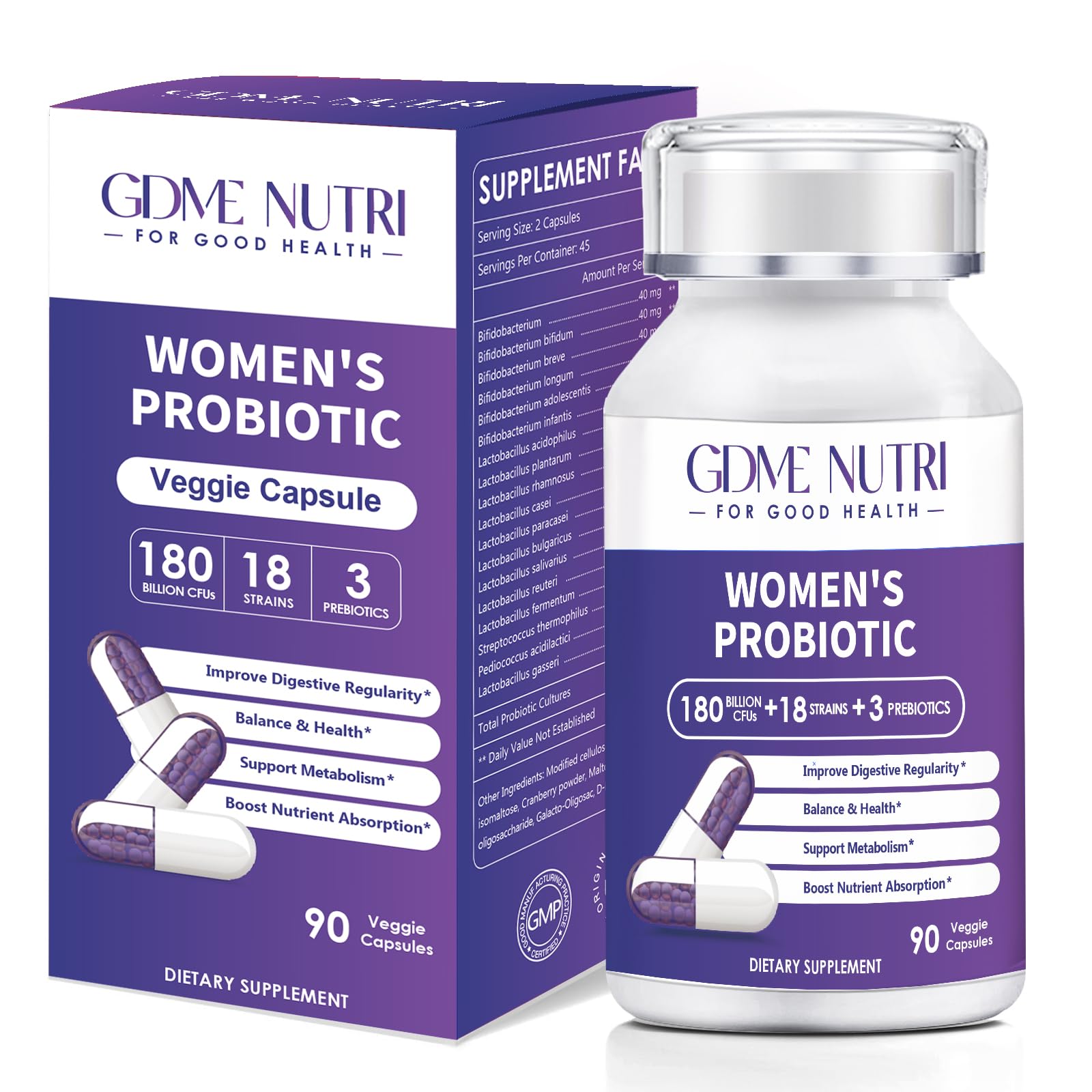 GDMENUTRI Probiotics 180 Billion CFU 18 Strains with Organic Prebiotic Cranberry Probiotic Supplement for Digestion and Immunity, Women's Health Capsules 90 Count
