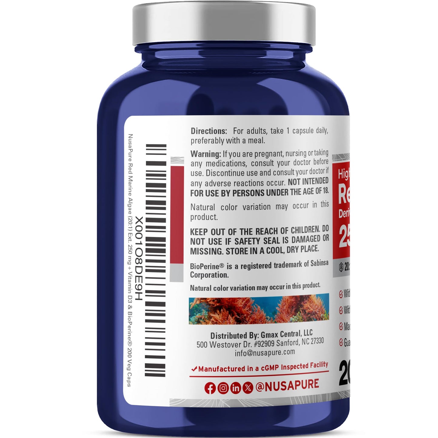 NusaPure Red Marine Algae Capsules, 250 mg, 200 Count