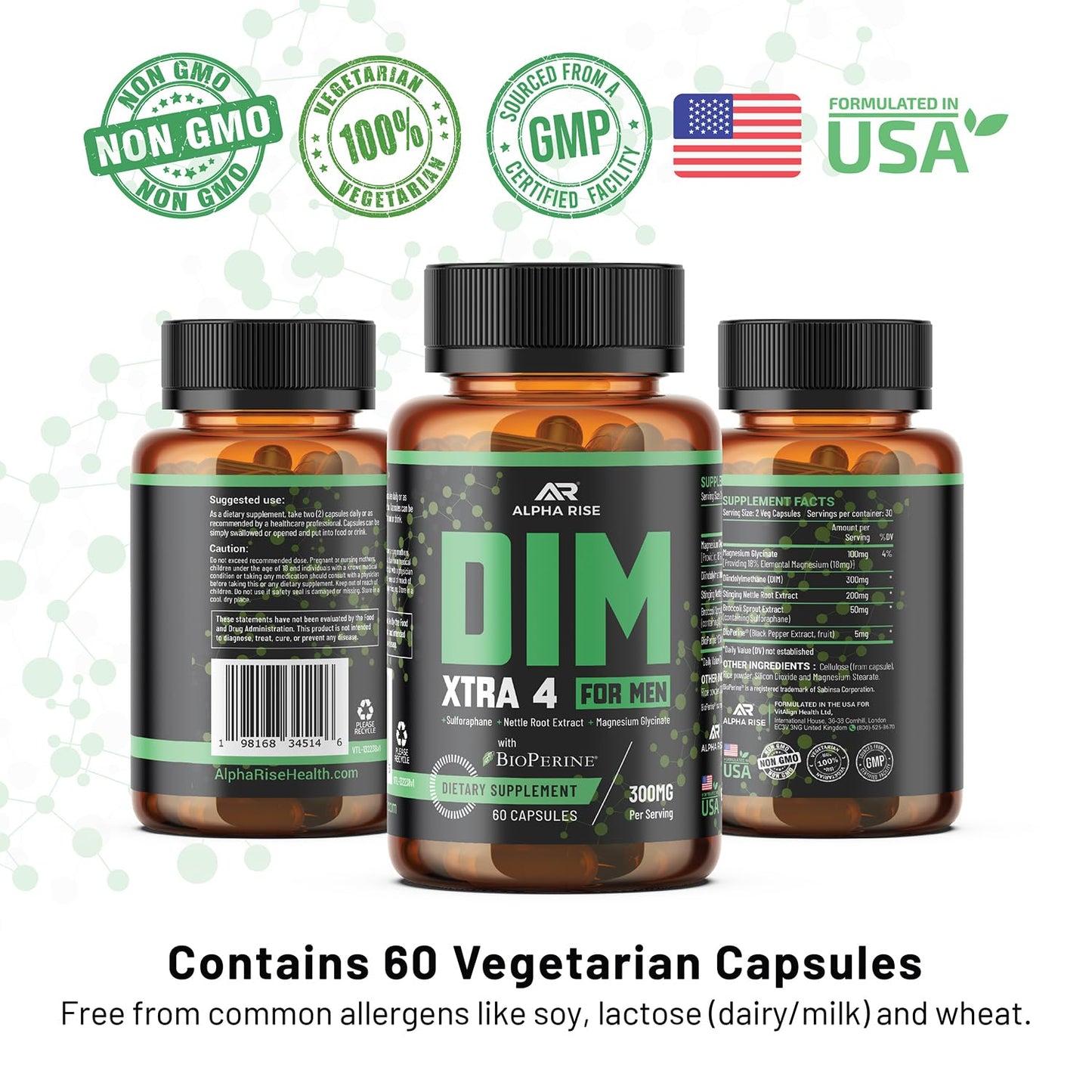 ALPHA RISE DIM XTRA 4 - 300 mg Estrogen Blocker for Men & Aromatase Inhibitor Capsules, 60 Count