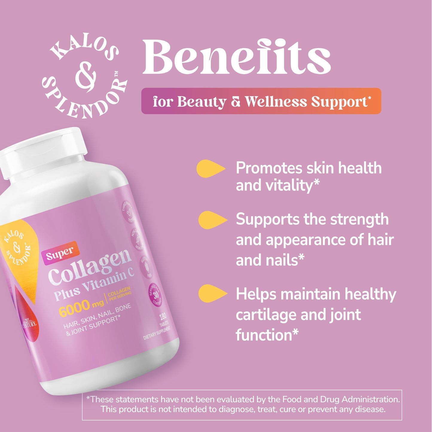 Kalos and Splendor 21st Century Super Collagen Plus Vitamin C Tablets, 180 Count
