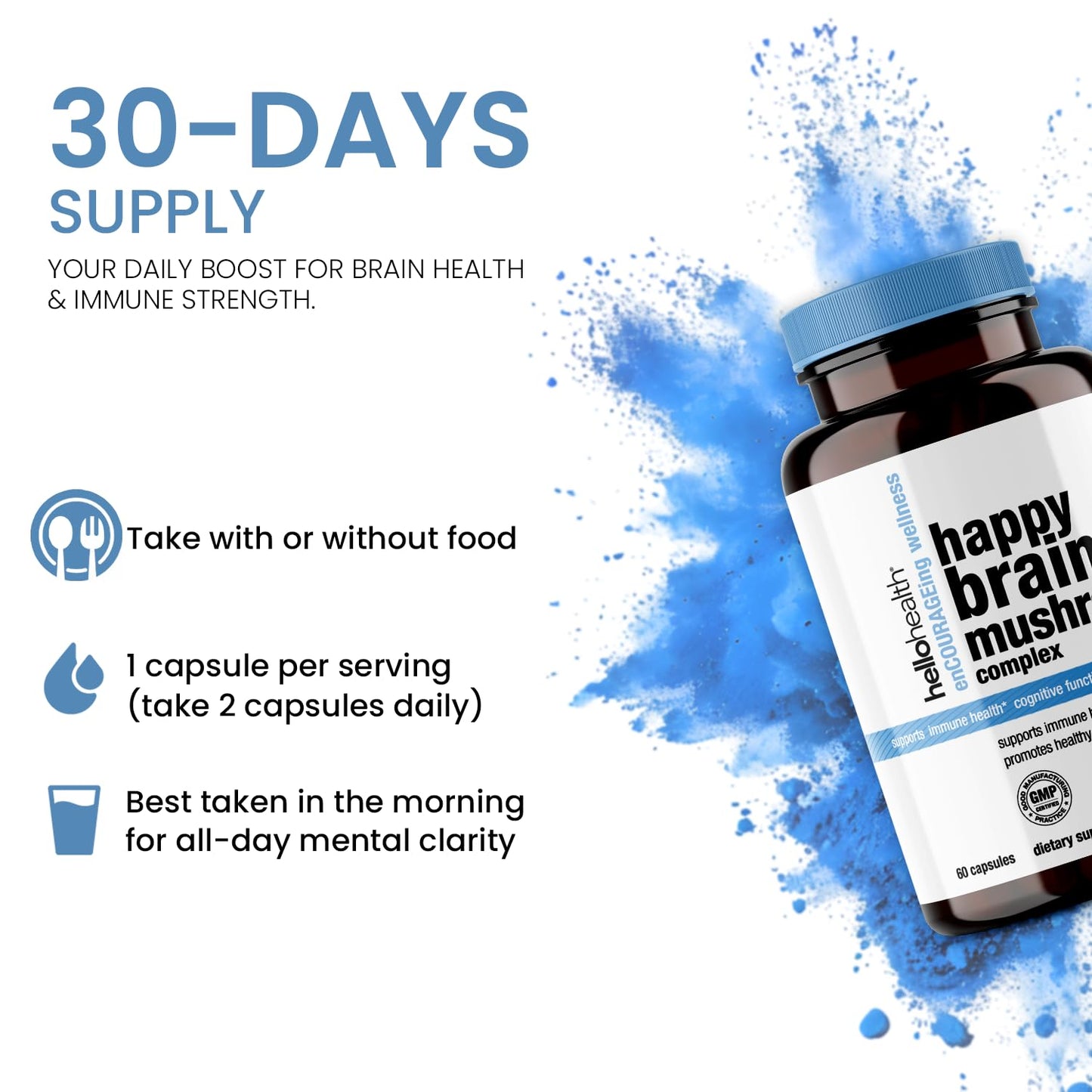 Hello Health Happy Brain Mushroom Complex Nootropics Brain Support Supplement Capsules, 60 Count