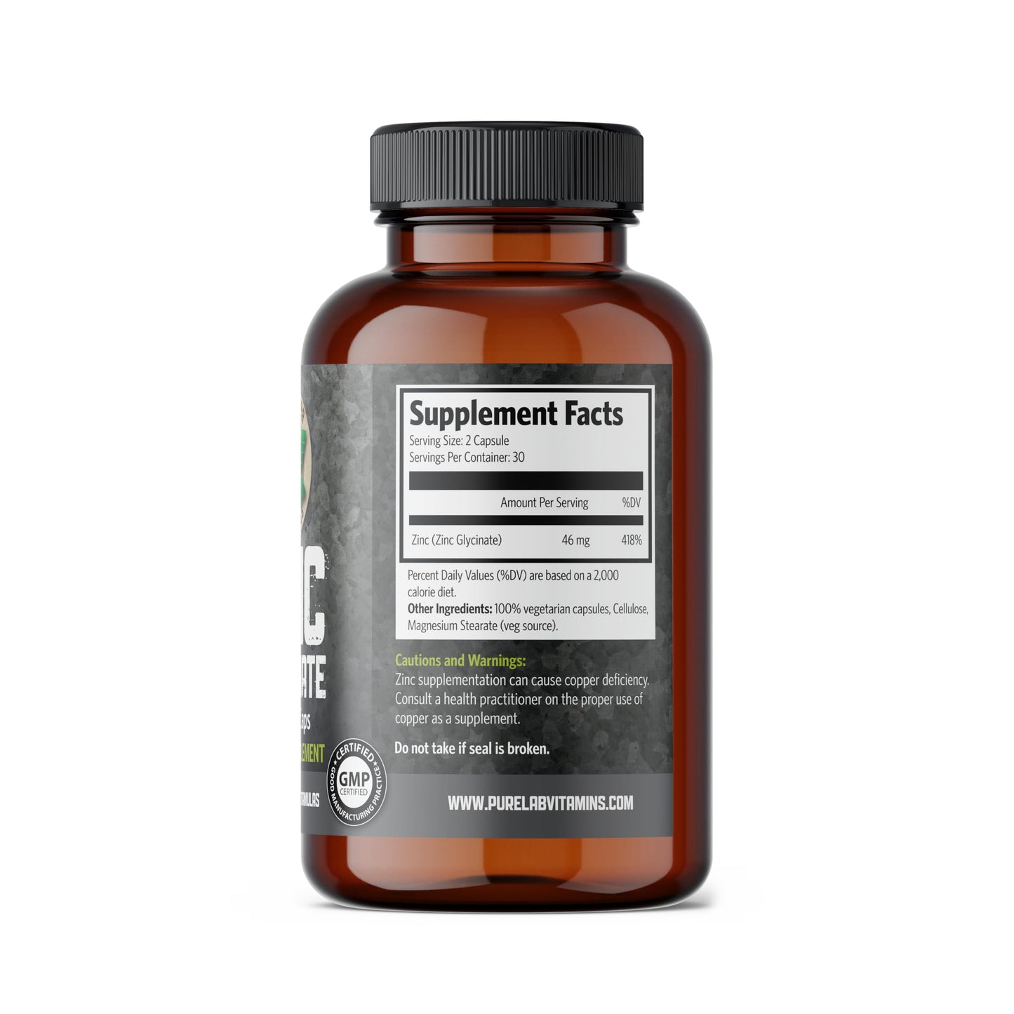Pure Lab Vitamins Zinc Glycinate Capsules, 60 Count