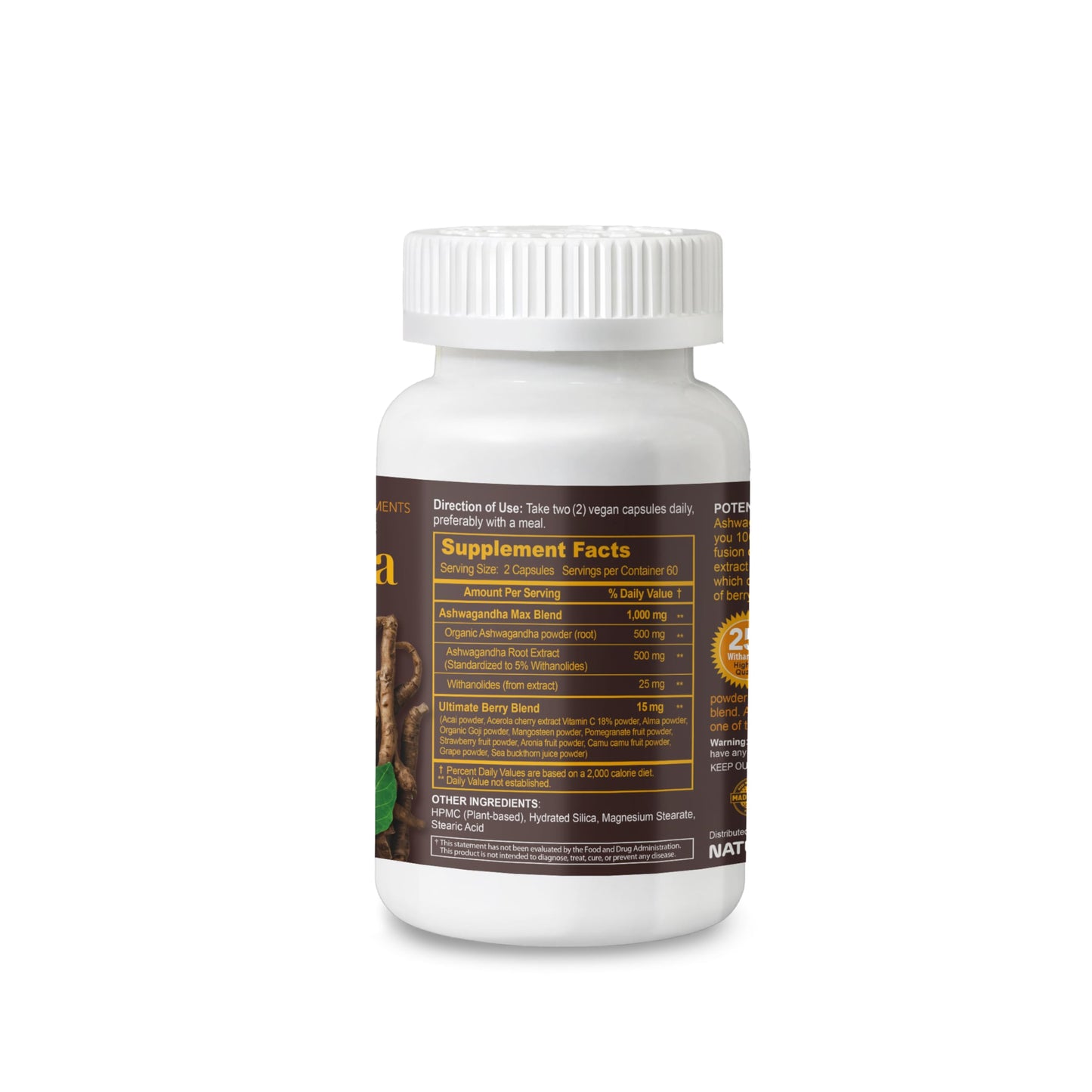 NATURION Ashwagandha Max Organic Ashwagandha Powder & Root Extract with Ultimate Berry Blend Capsules 120