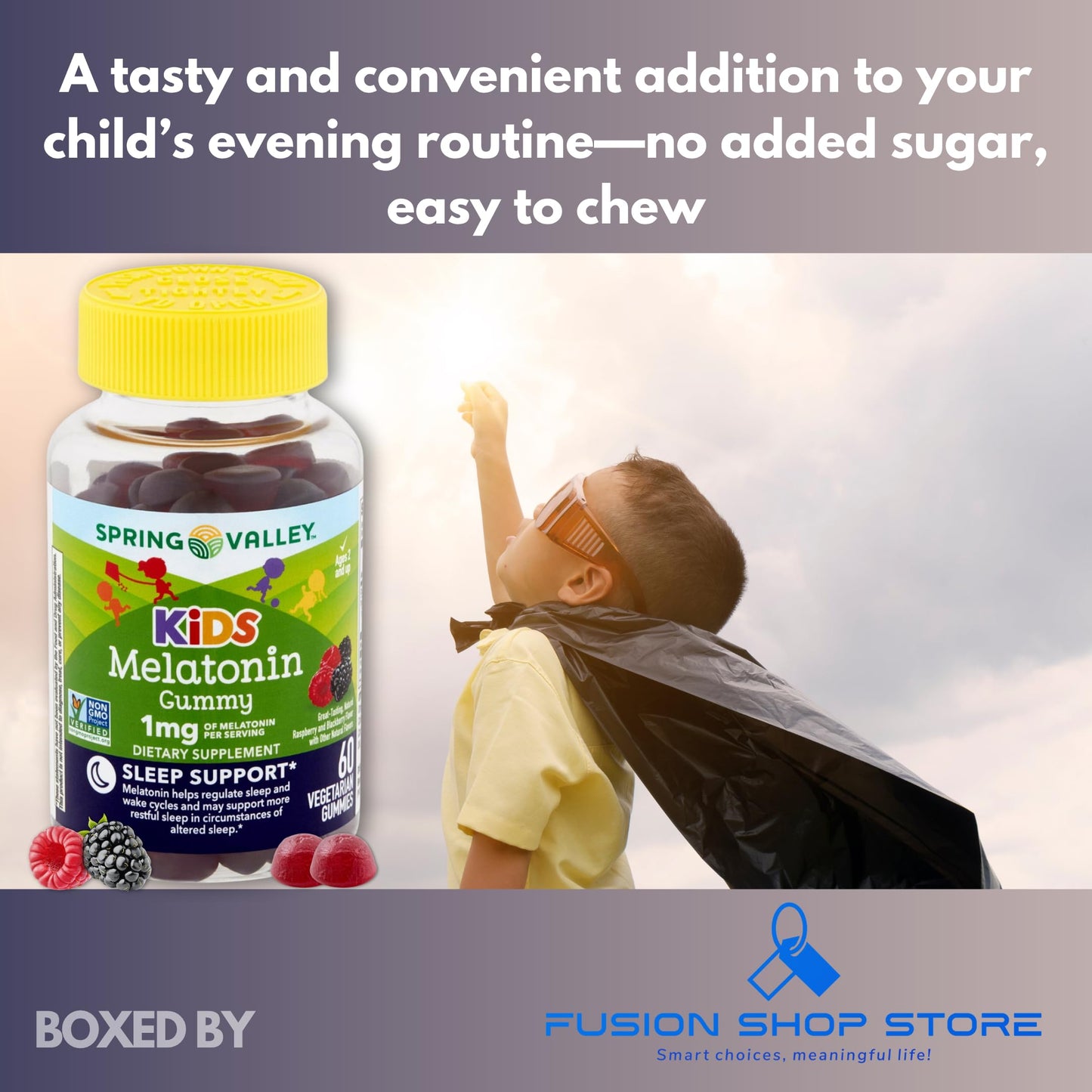 FUSION SHOP STORE Kids Melatonin Gummies 1mg Raspberry Flavor, 60 Gummies