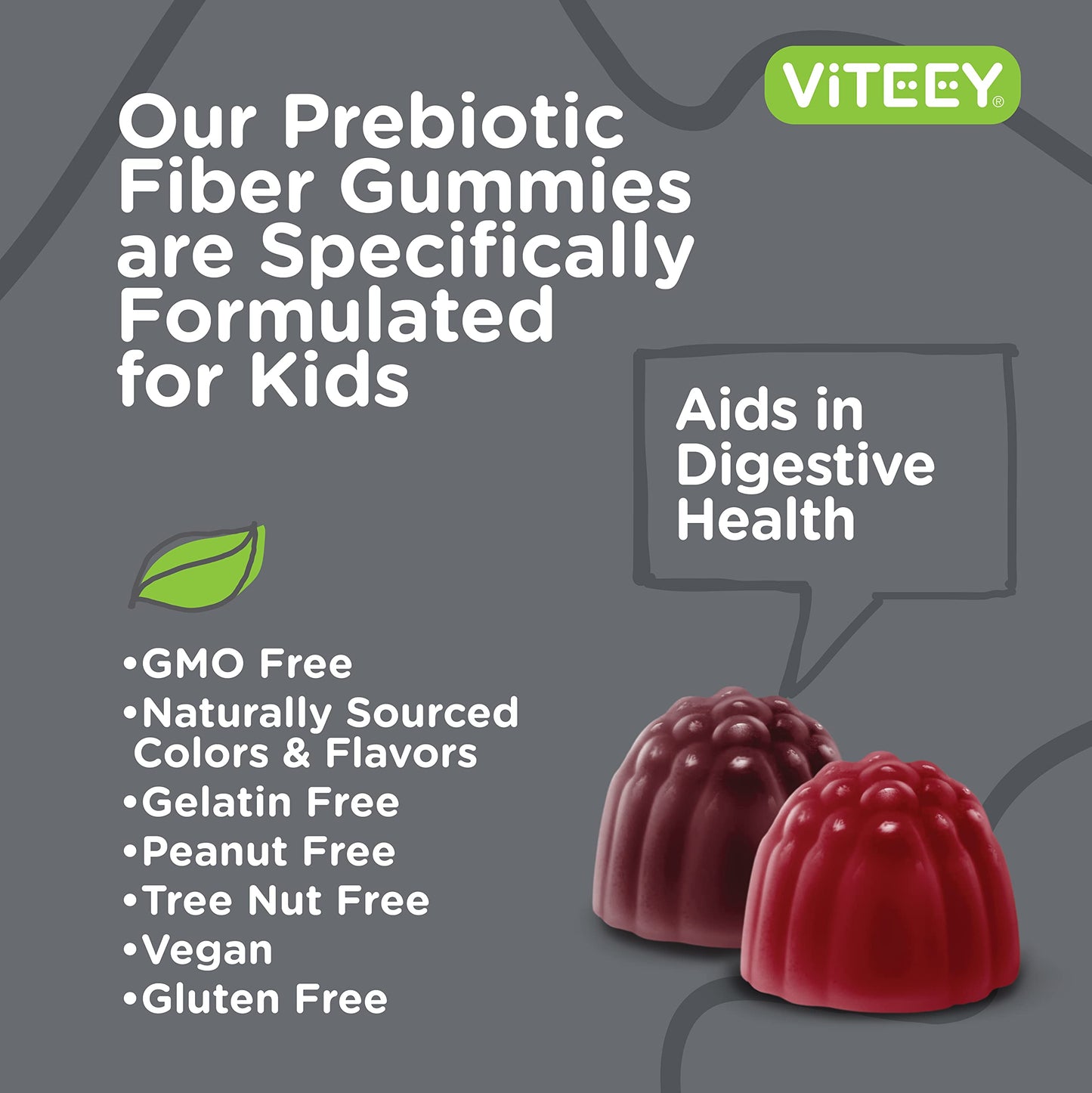Viteey Prebiotic Kids Fiber for Constipation Relief, Digestive Health Regularity Support, Natural Weight Support, Gummy 60 Count