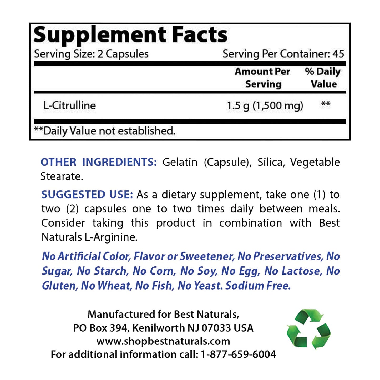 Best Naturals L-Arginine L-Ornithine with L-Citrulline 1000mg & 1500mg Capsules 120