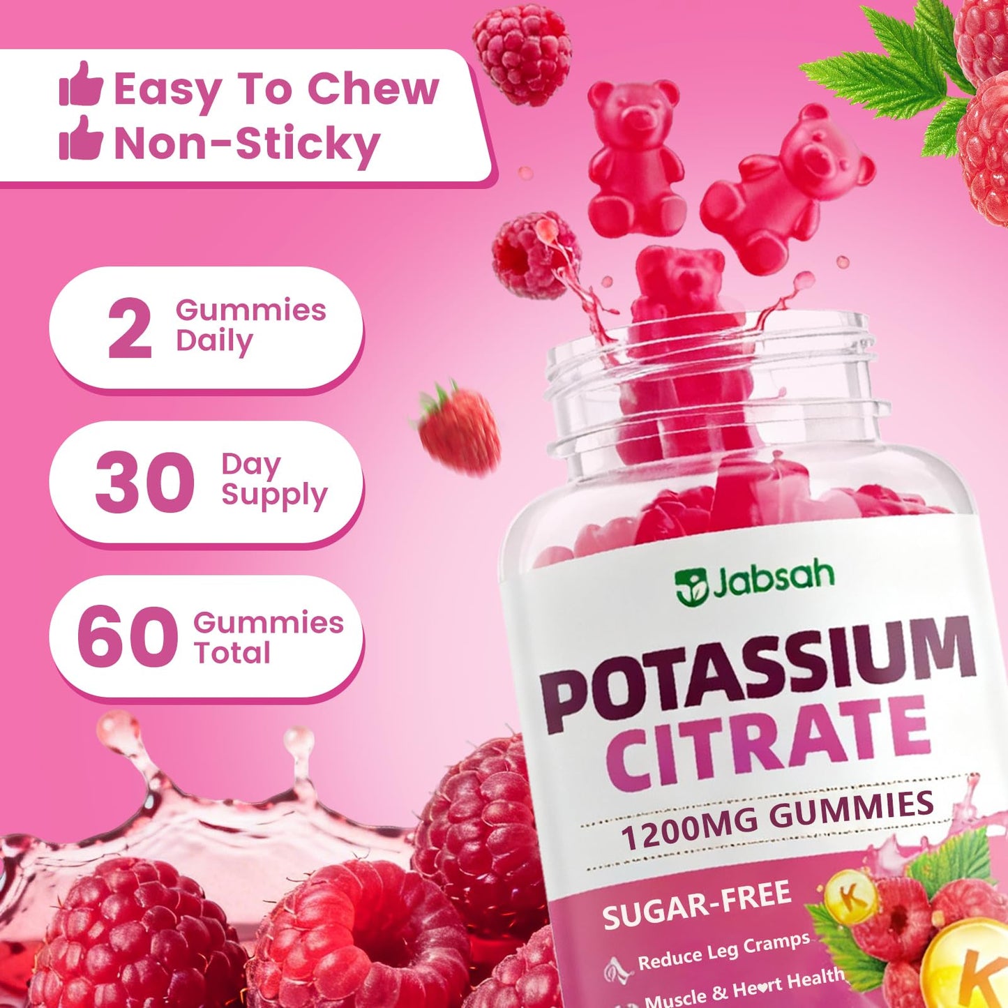 Jabsah Potassium Citrate Gummies 1200mg, Sugar-Free Raspberry Flavor, 120 Gummies