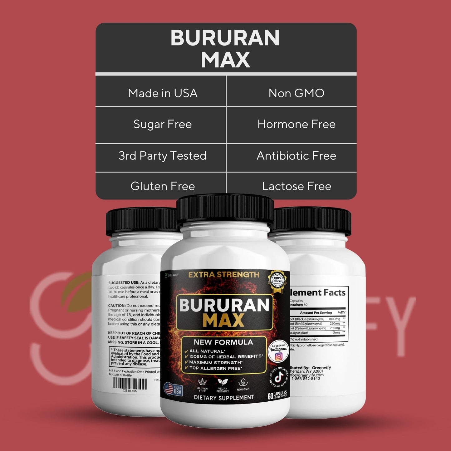GREENVIFY Bururan Max Organic Maca Root Supplement Black Pepper 60 Capsules