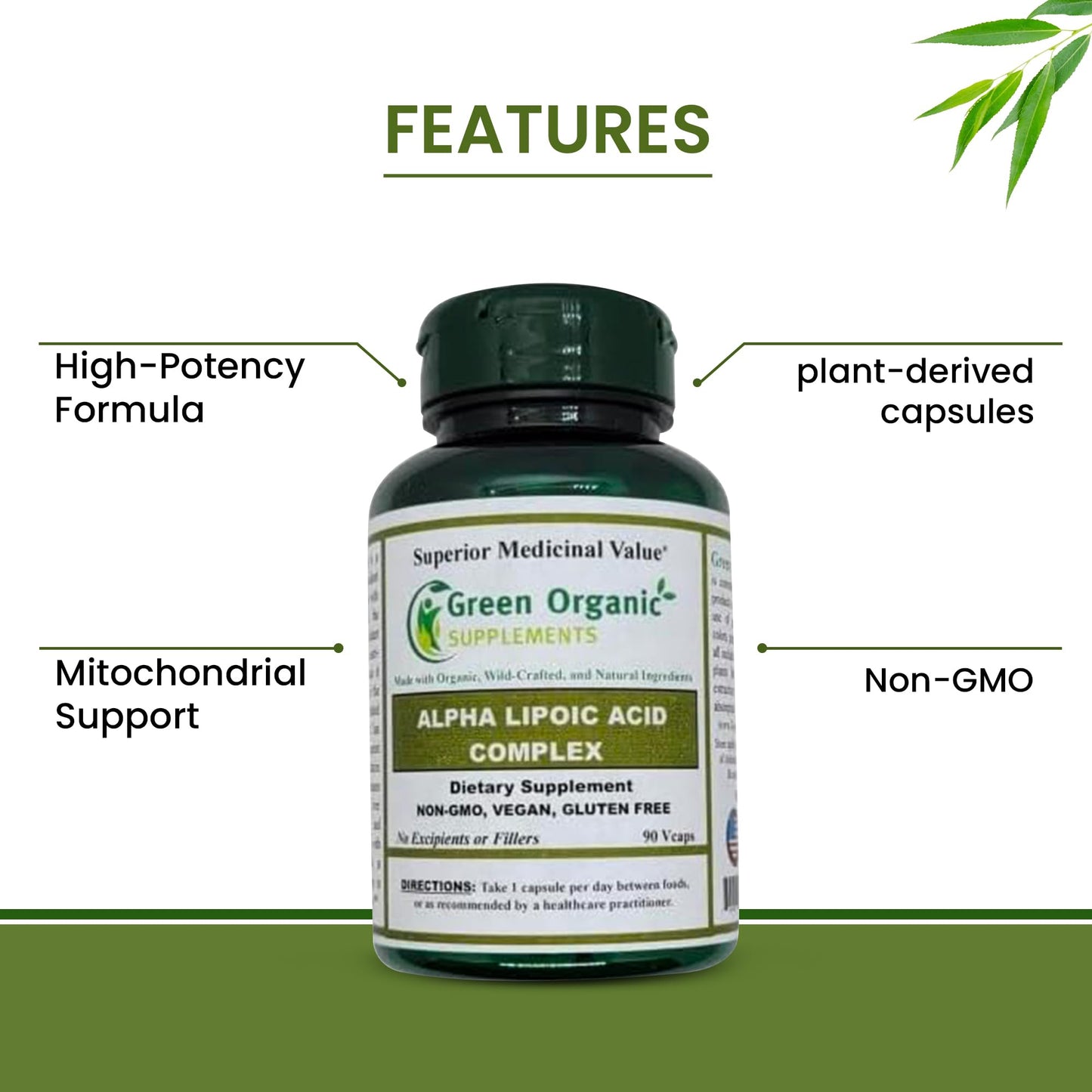 Green Organic Supplements Alpha Lipoic Acid Complex, ALA Capsules, 90 Count