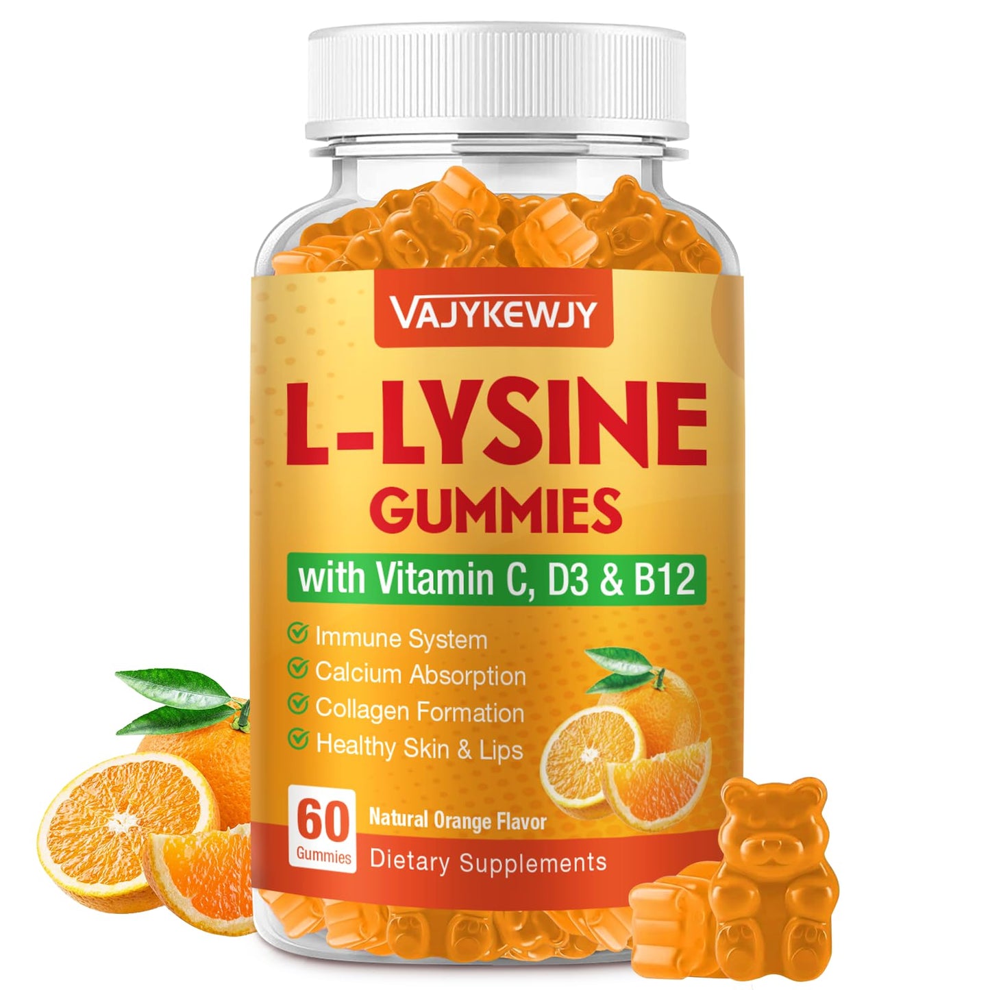 VAJYKEWJY L-Lysine Gummies 1000 mg for Immune Support, Delicious Orange Flavor, Vegan, Non-GMO, Gluten-Free, 60 Count
