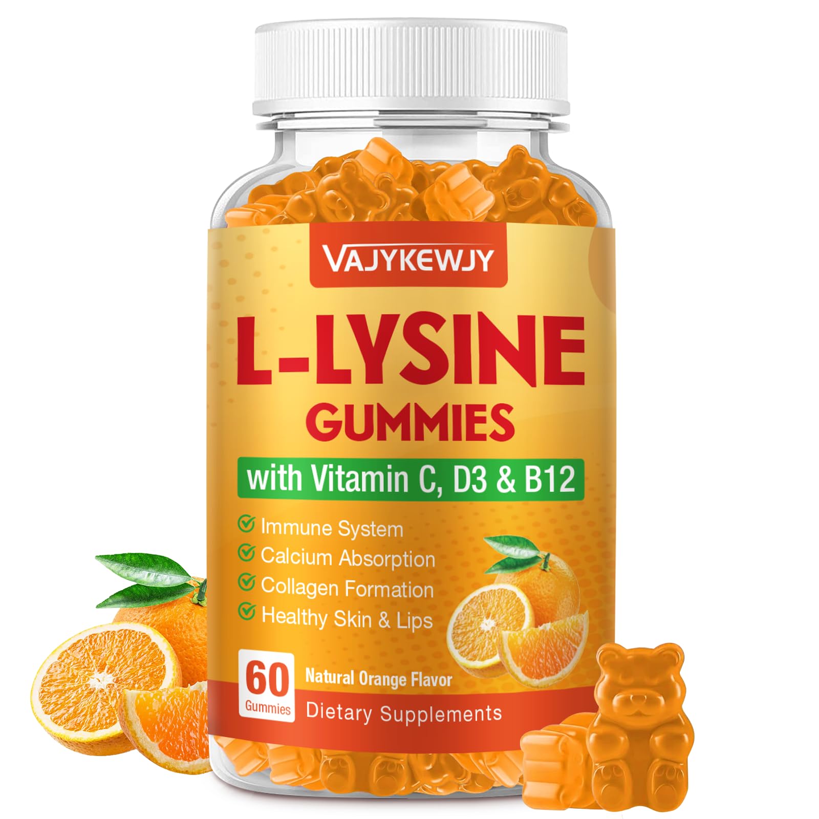 VAJYKEWJY L-Lysine Gummies 1000 mg for Immune Support, Delicious Orange Flavor, Vegan, Non-GMO, Gluten-Free, 60 Count