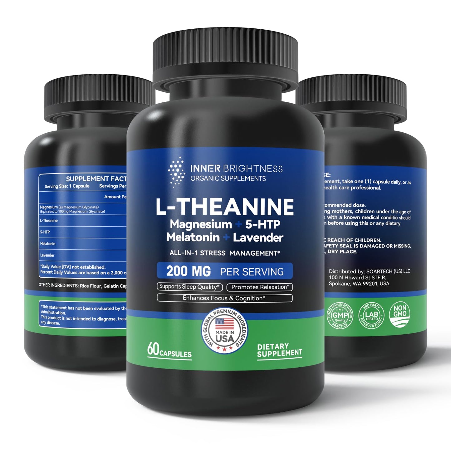 Inner Brightness L-Theanine 200mg, Magnesium, 5-HTP & Melatonin All-in-1 L-Theanine Supplement for Stress Relief, Focus & Cognition, Sleep Capsules 60 Count