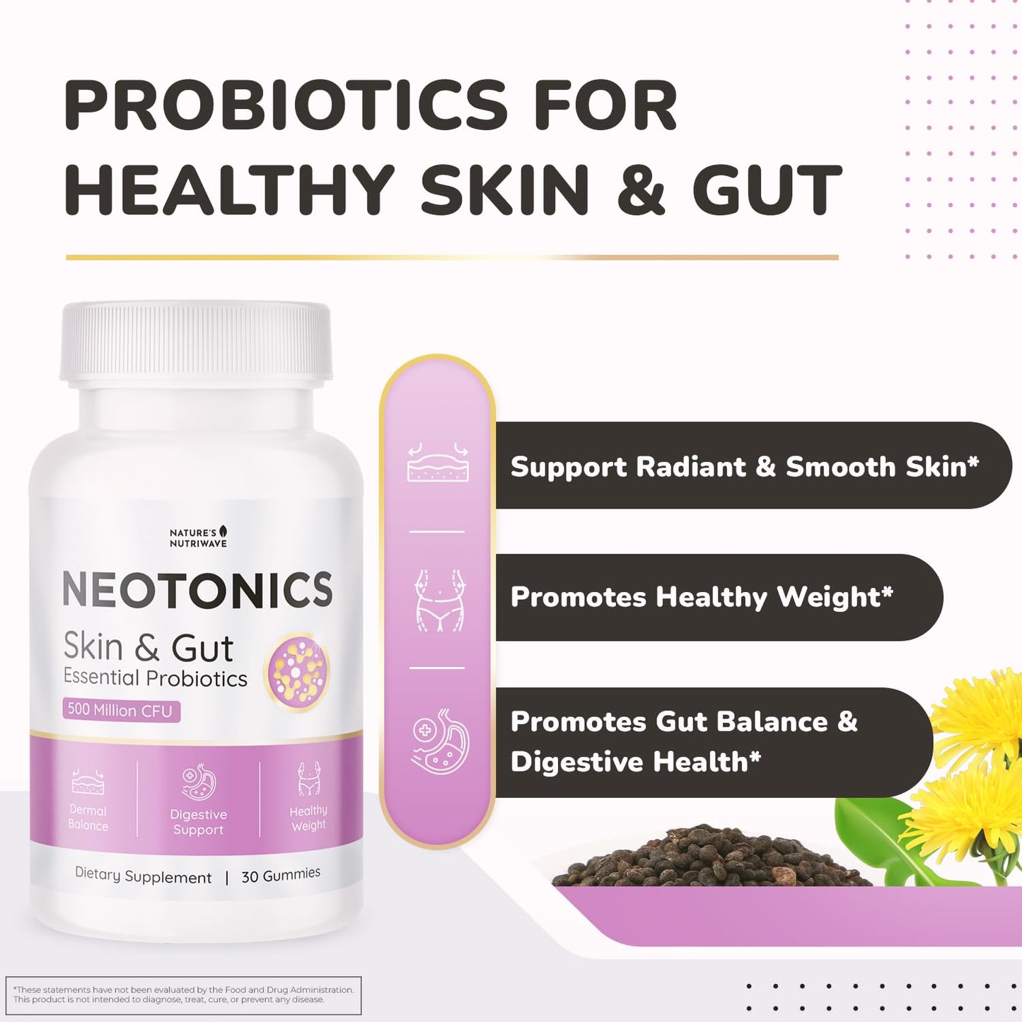 Nature’s NutriWave Neotonics Probiotic Gummy with Bacillus Coagulans, Prebiotic Inulin & Botanical Blend, Non-GMO, Stimulant-Free Formula, 30 Gummies