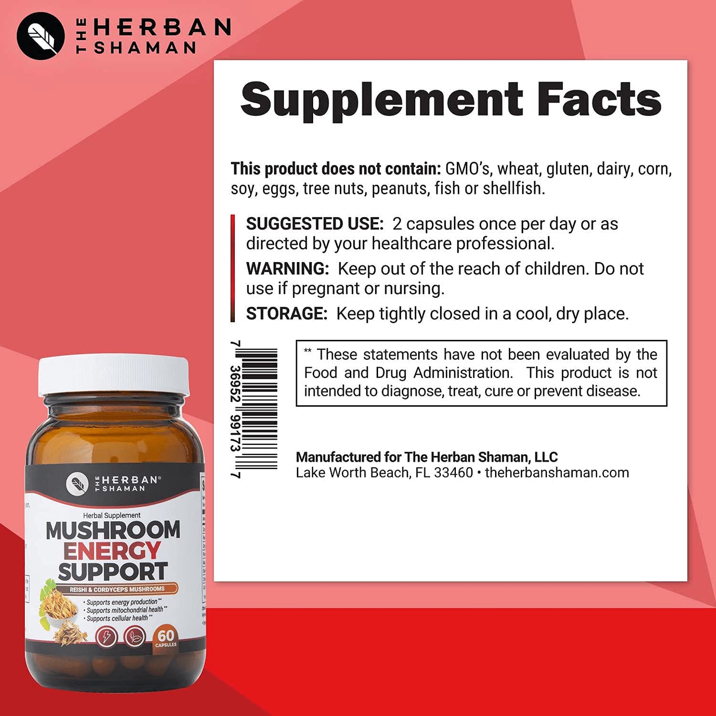 The Herban Shaman Mushroom Supplement Energy Support Capsules, 60 Capsules