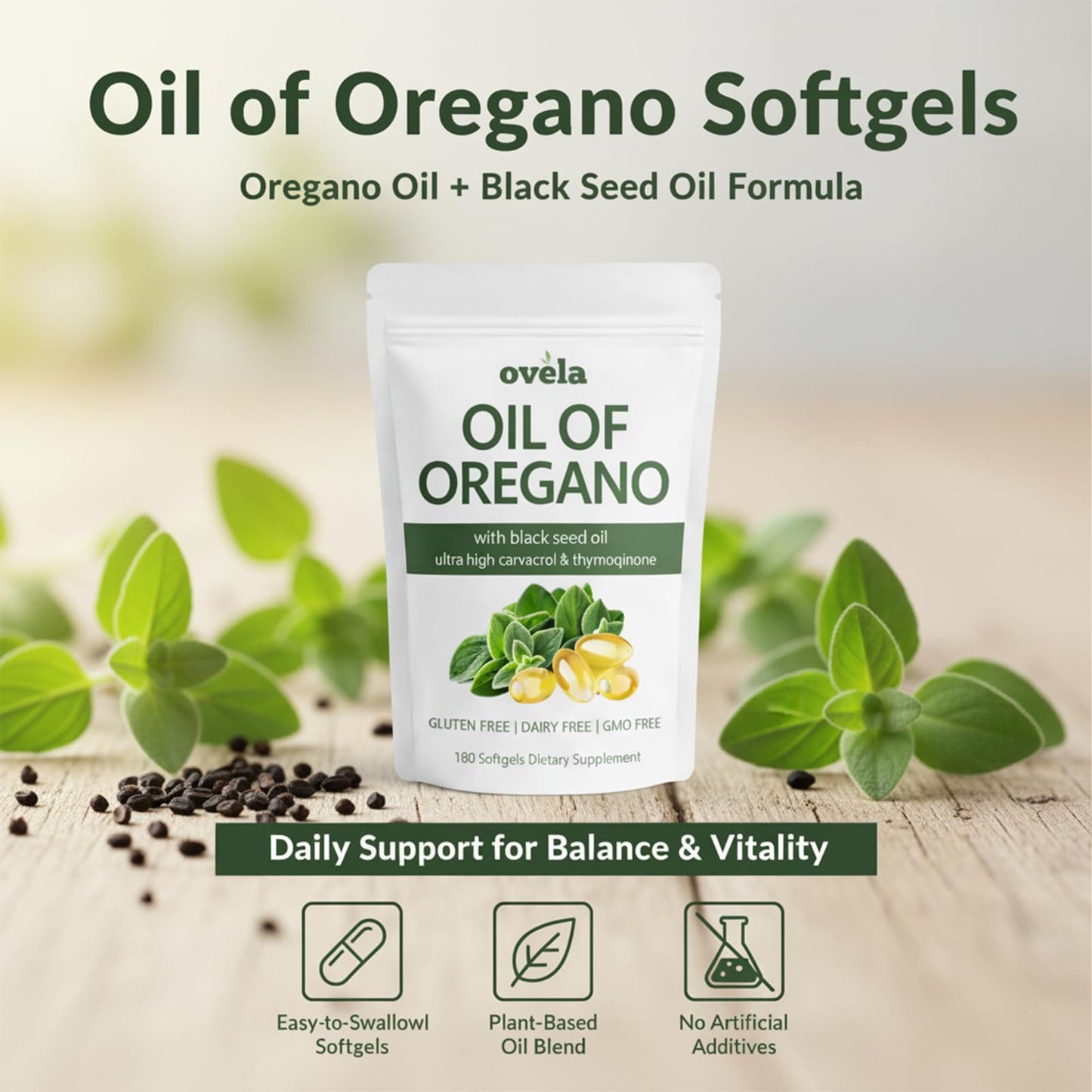 Ovela Oil of Oregano with Black Seed Oil Softgels, 180 Count