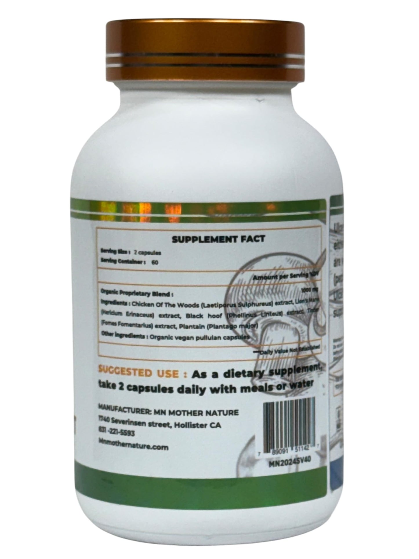Mn Mother Nature Inc Ulcers Support (Laetiporus sulphureus) Mushroom 120 Vegan Capsules