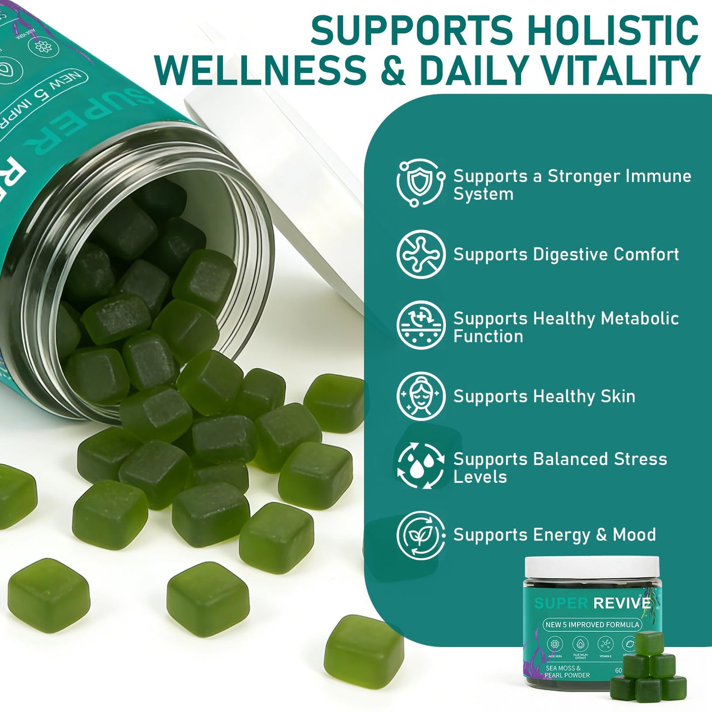 Caicieter Super Revive Gummies for Hair Loss - Sea Moss Gummies with Vitamin C, E, Aloe Vera & Pearl Powder Glow, 60 Count