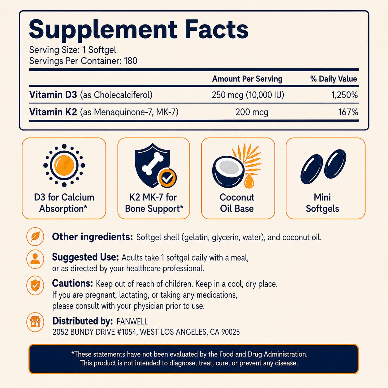 PANWELL Vitamin D3 K2 10000 IU Supplement, K2 MK-7 200 mcg Softgels 180 Count