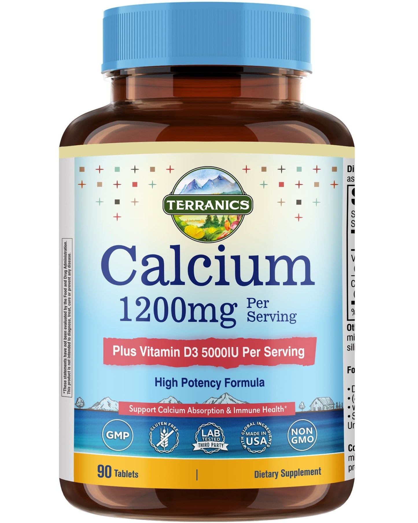 Terranics Calcium 1200 mg with Vitamin D3 High Absorption Calcium Supplement Tablets, 90 Count