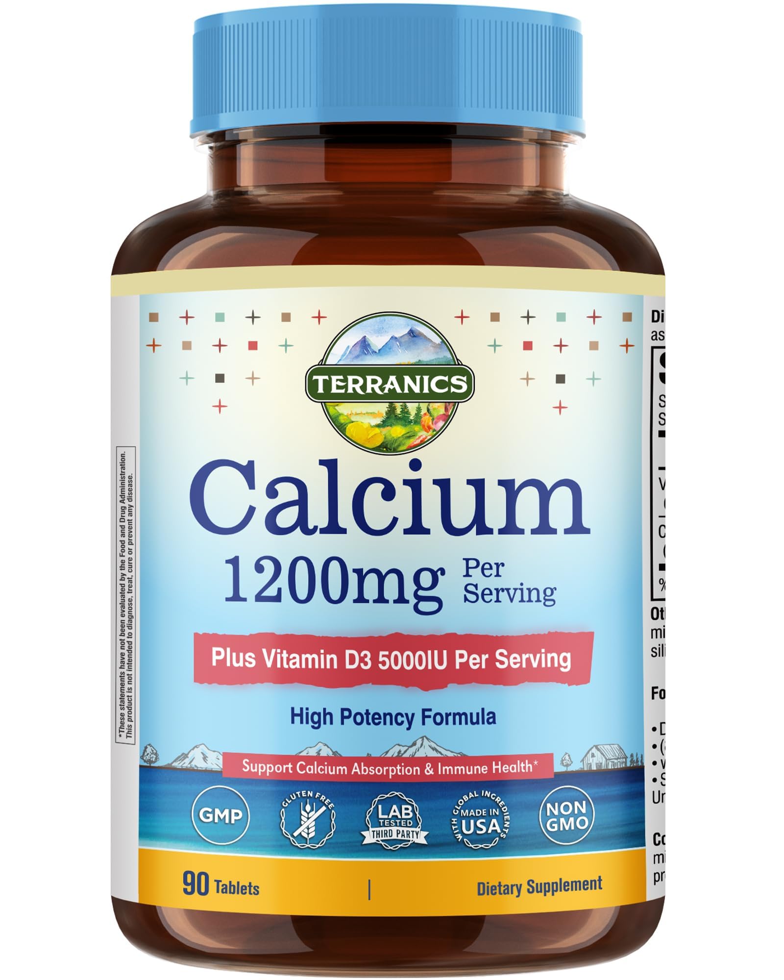 Terranics Calcium 1200 mg with Vitamin D3 High Absorption Calcium Supplement Tablets, 90 Count
