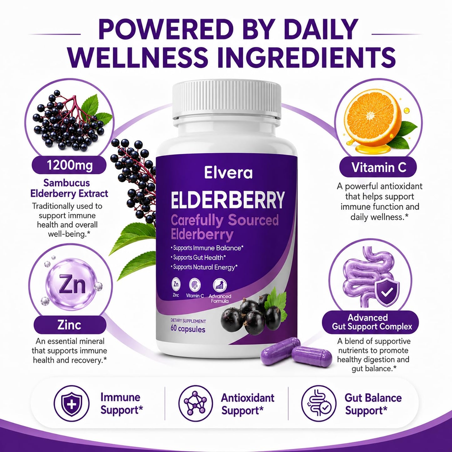 UOZXIL Elvera Elderberry Gut Support 60 Capsules