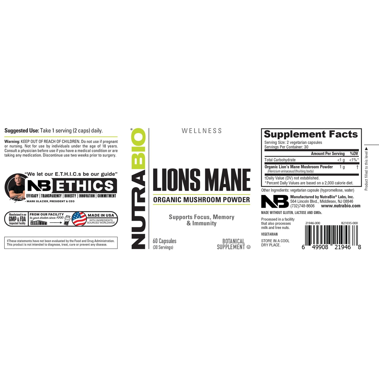 NutraBio Organic Lion's Mane Mushroom Supplement Capsules, 60 Count