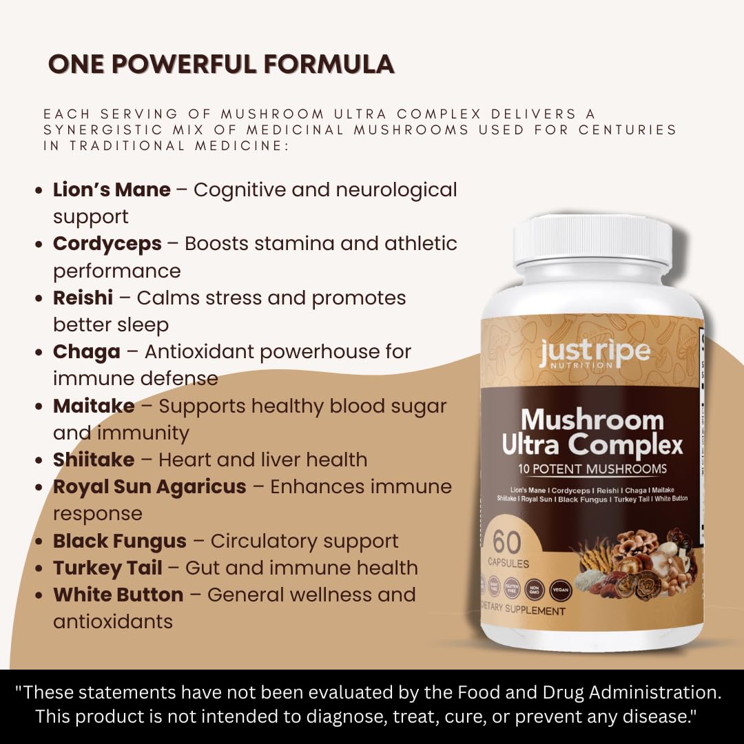 Just Ripe Nutrition Mushroom Ultra Complex - Reishi, Cordyceps, Lions Mane & Shiitake Immune System Booster & Nootropic Brain Supplement - 60 Capsules