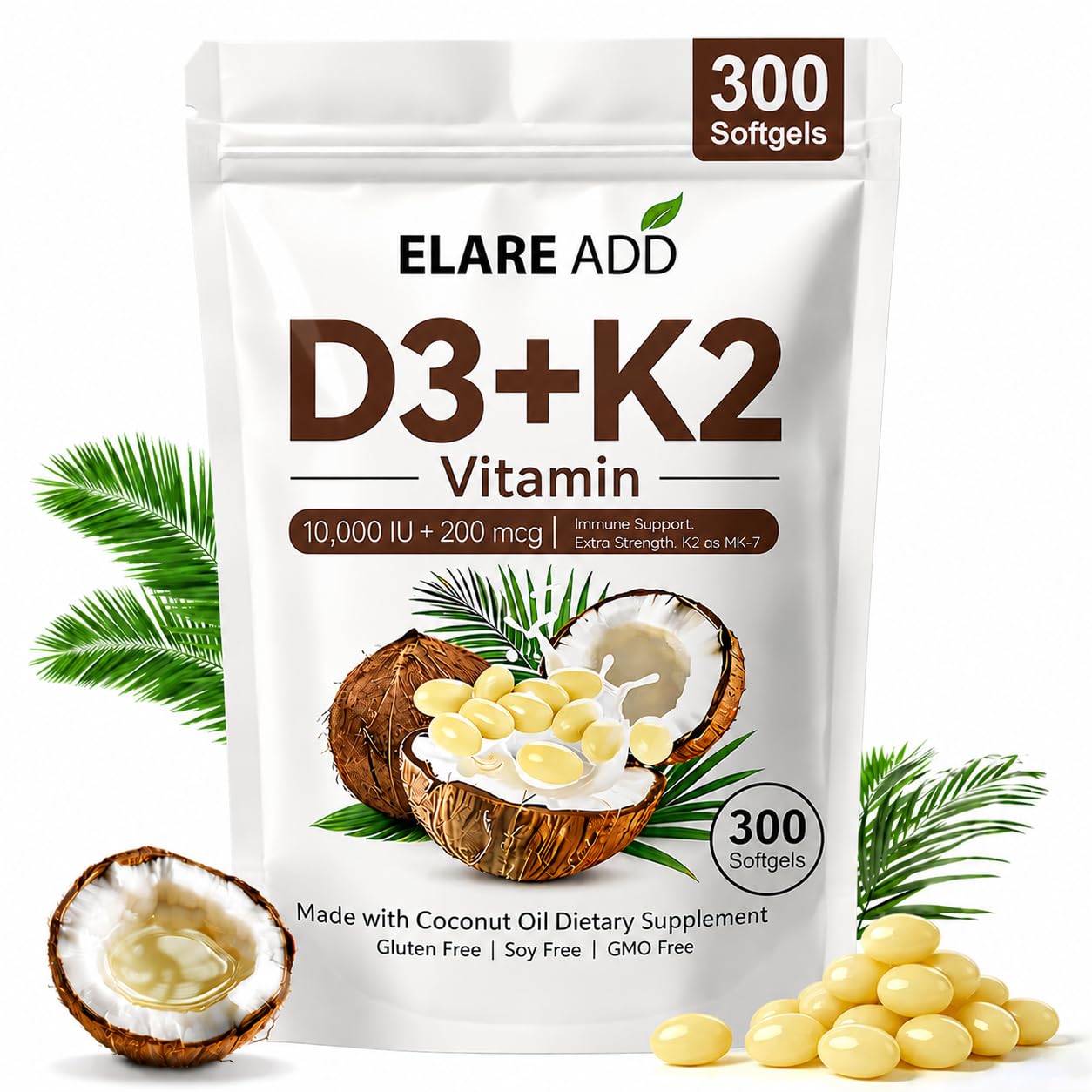 Aeteon Vitamin D3 K2 10,000 IU MK-7 200 mcg Softgels, 300 Count