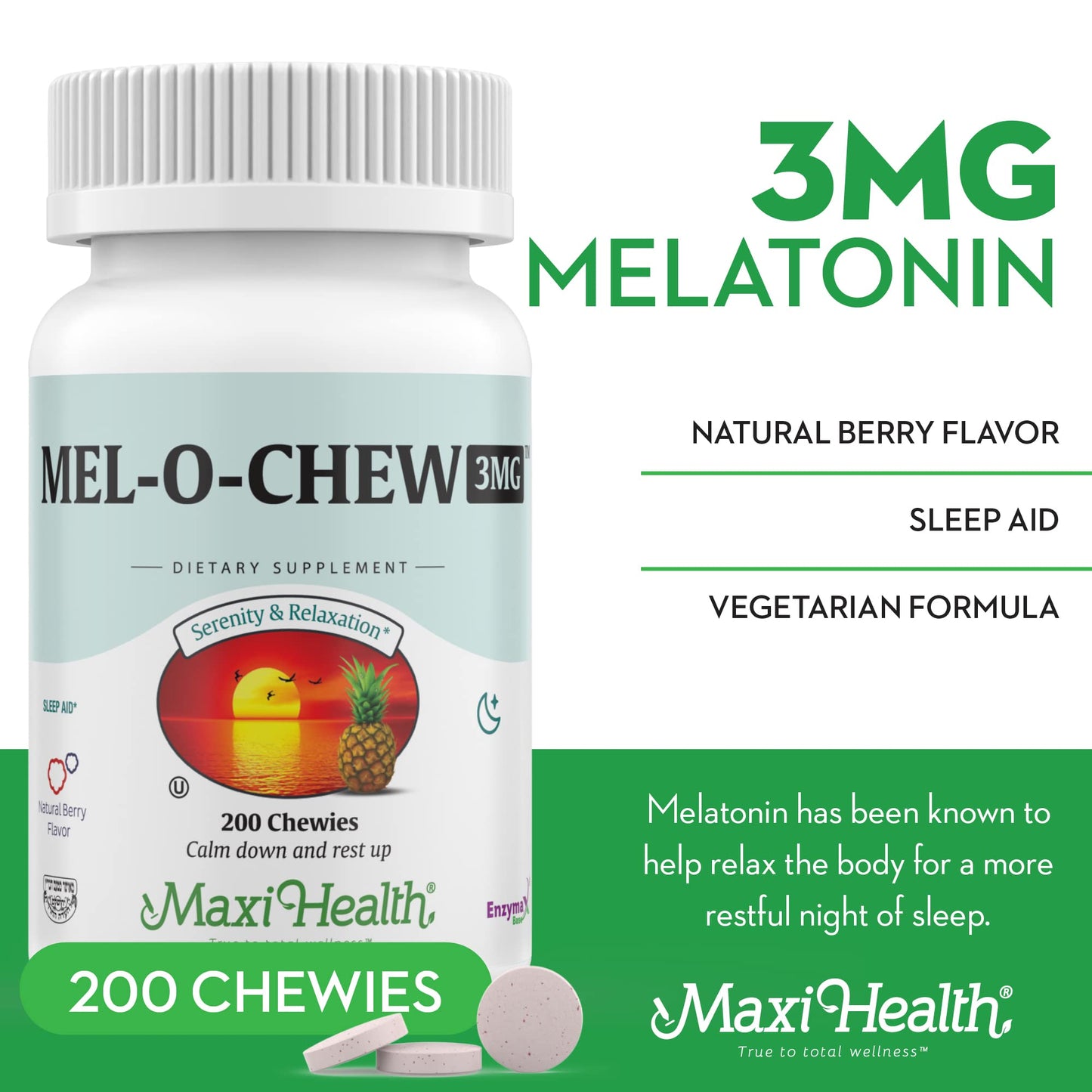 Maxi Health Melatonin 3 mg for Adults & Teens Chewable, 100 Count
