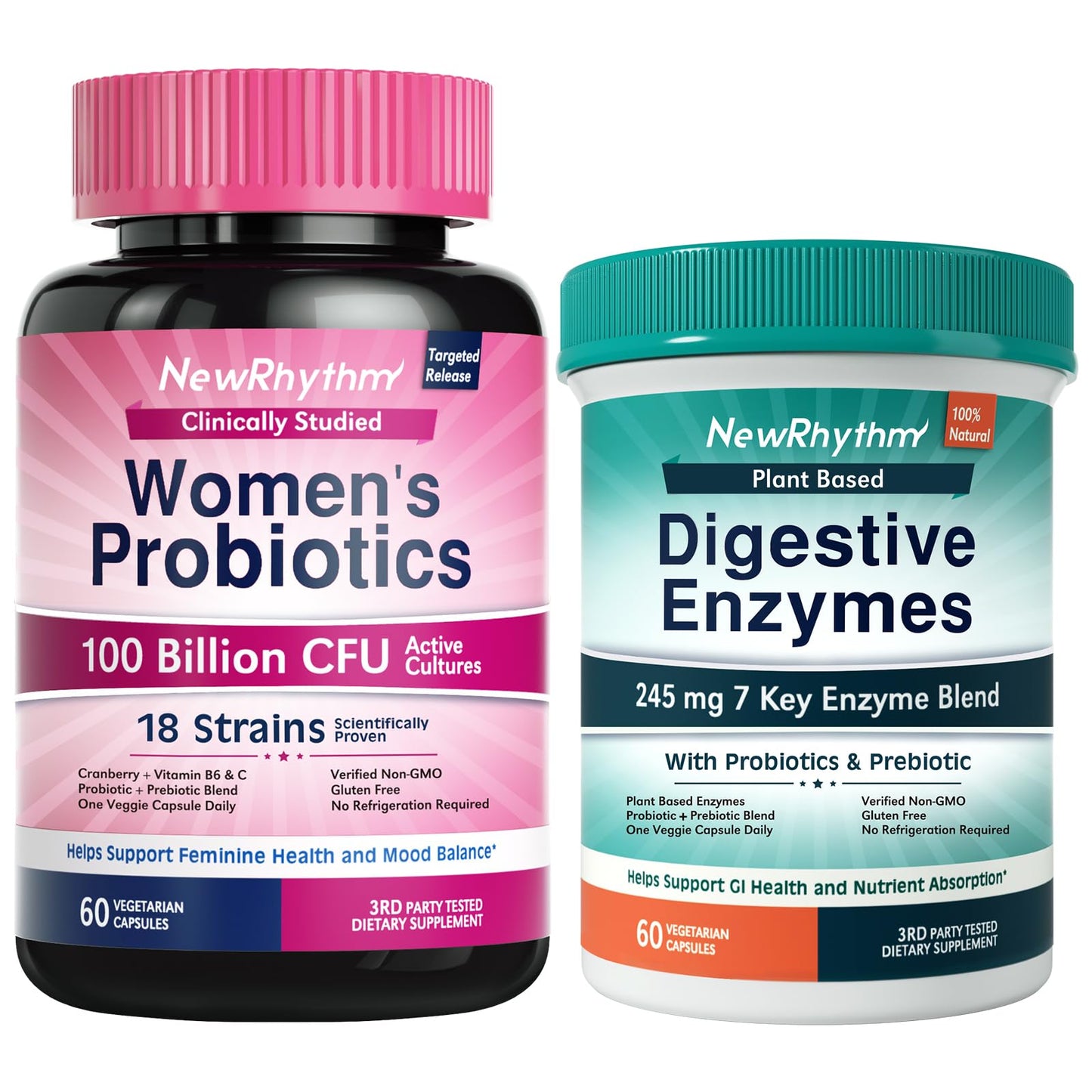 NewRhythm Digestion & Feminine Health Bundle Probiotics, Prebiotics, Digestive Enzymes, Cranberry, Vitamin C & B6, 120 Capsules