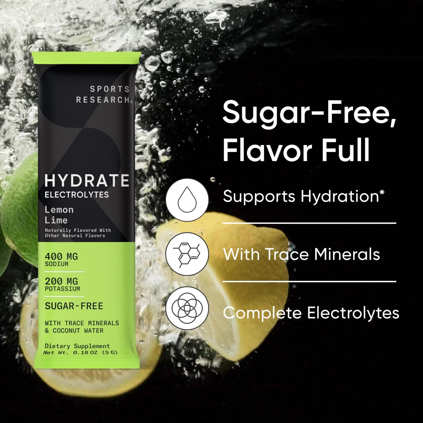Sports Research Hydrate Electrolytes Powder Lemon Lime, 16 Packets