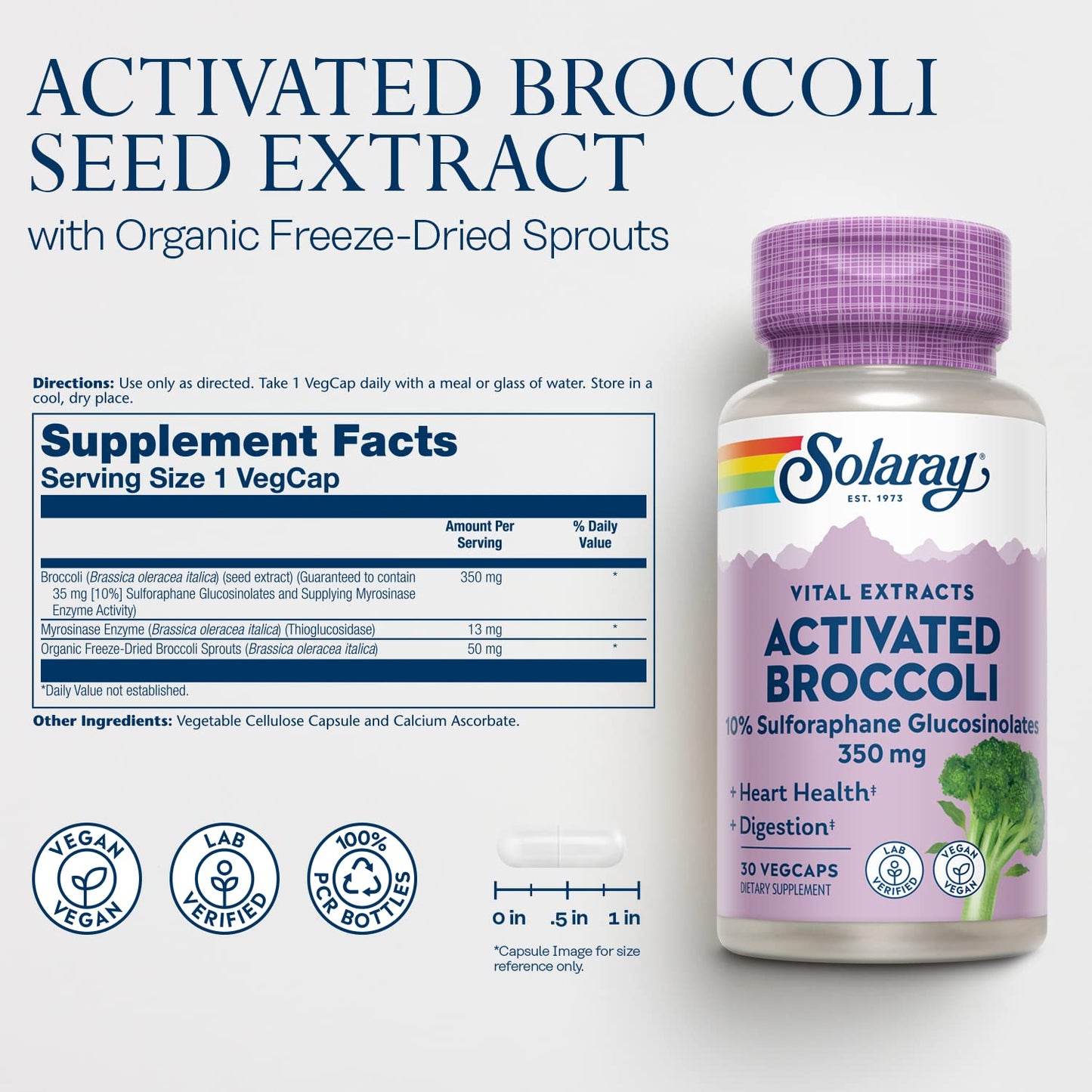 SOLARAY Activated Broccoli Seed Extract 350 mg, 10% Sulforaphane Glucosinolates for Antioxidant Support, Heart Health and Digestive Support, Vegan and Lab Verified, 30 VegCaps